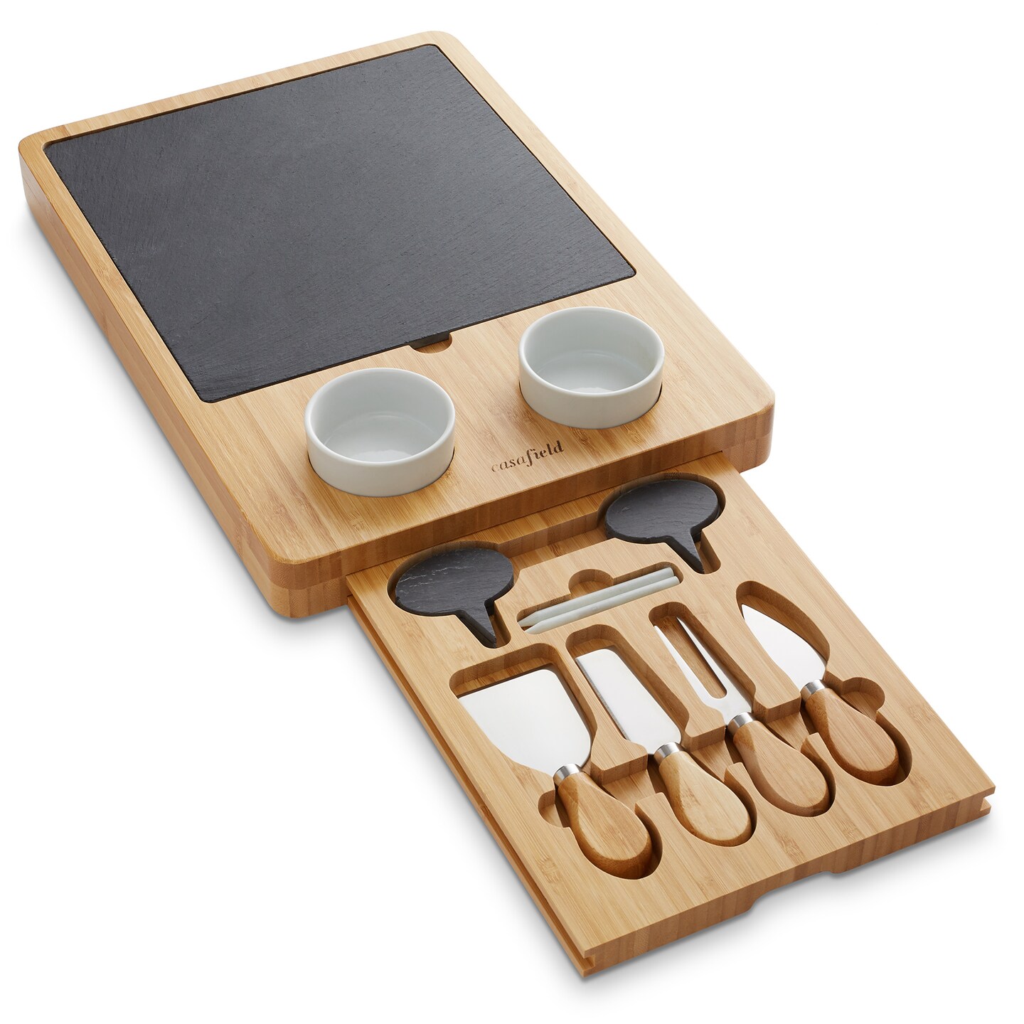 Casafield Charcuterie Board, Large Bamboo Cheese Board and Cutlery Set with Slate Cheese Plate, Ceramic Bowls, Cheese Knives, Labels, and Chalk