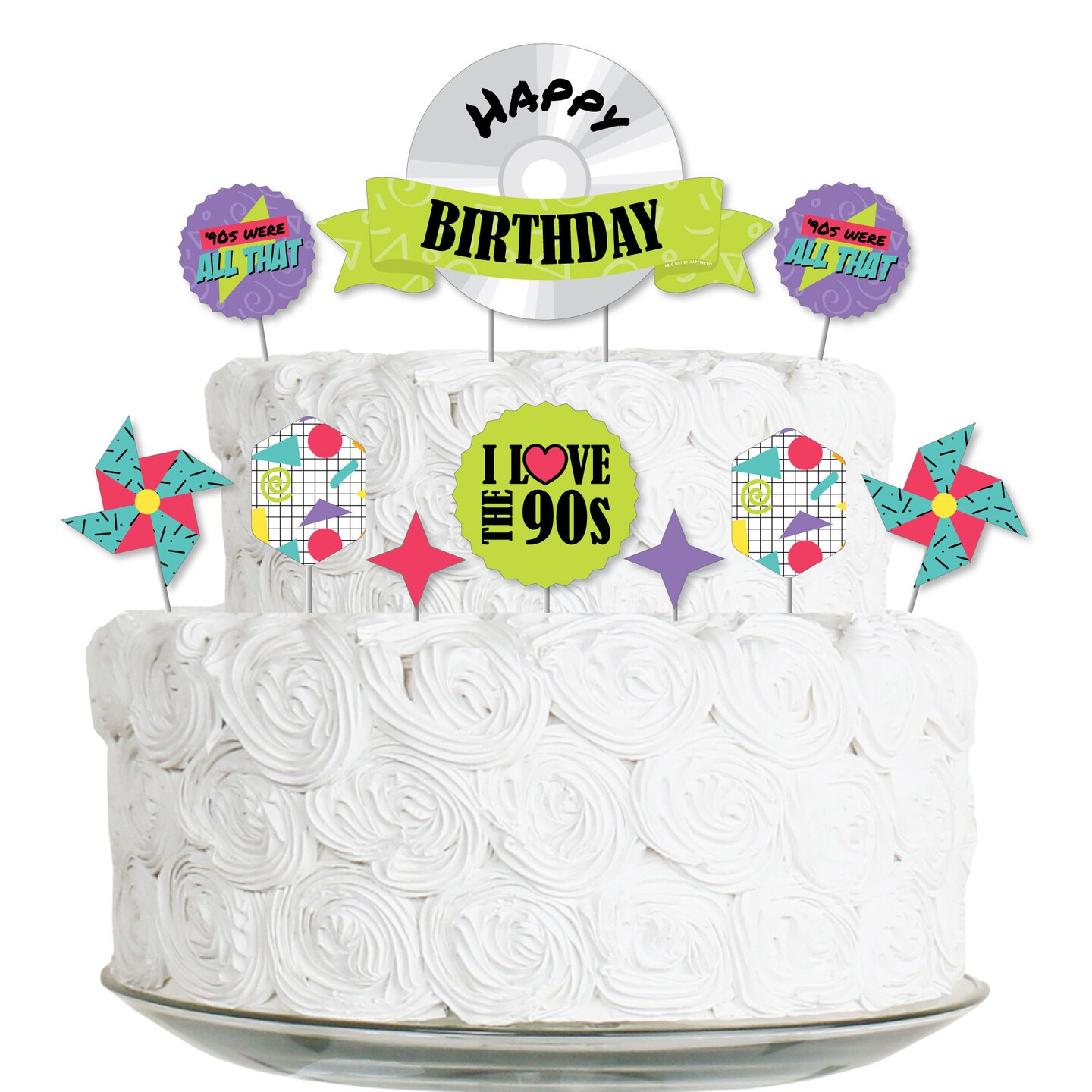Big Dot of Happiness 90&#x27;s Throwback - 1990s Birthday Party Cake Decorating Kit - Happy Birthday Cake Topper Set - 11 Pieces