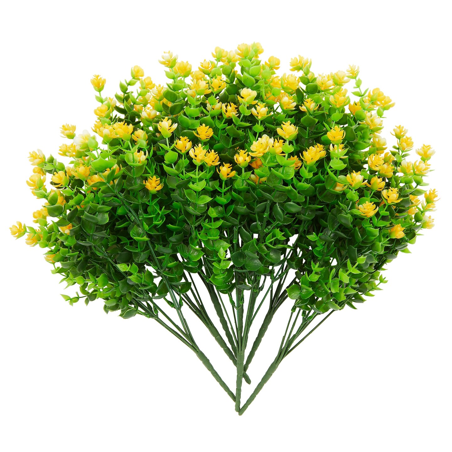 Yellow Artificial Outdoor Flowers with Faux Eucalyptus Leaves for Gardens (6 x 13.5 Inches, 8 Bundles)