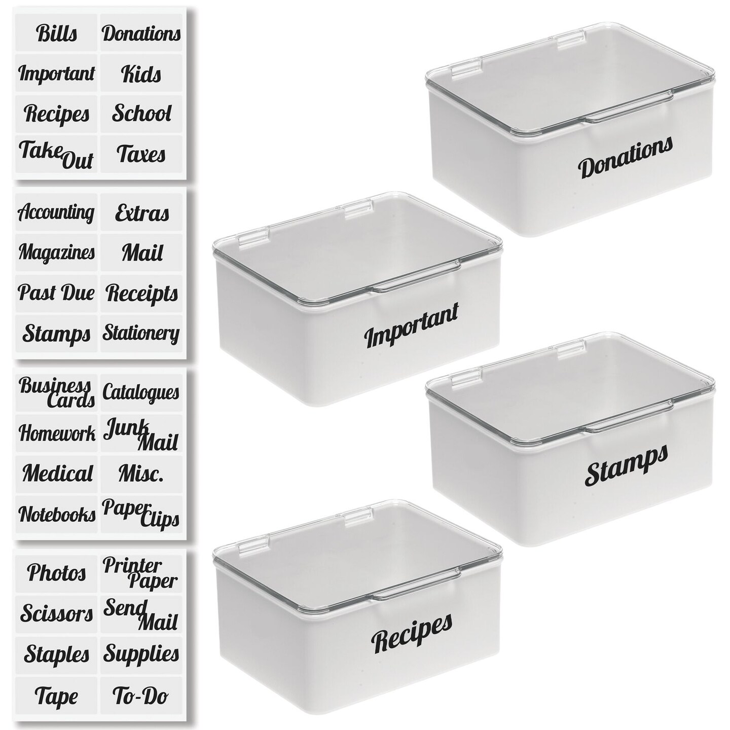 mDesign Plastic Stackable Home, Office Storage Box, 4 Pack + 32 Labels