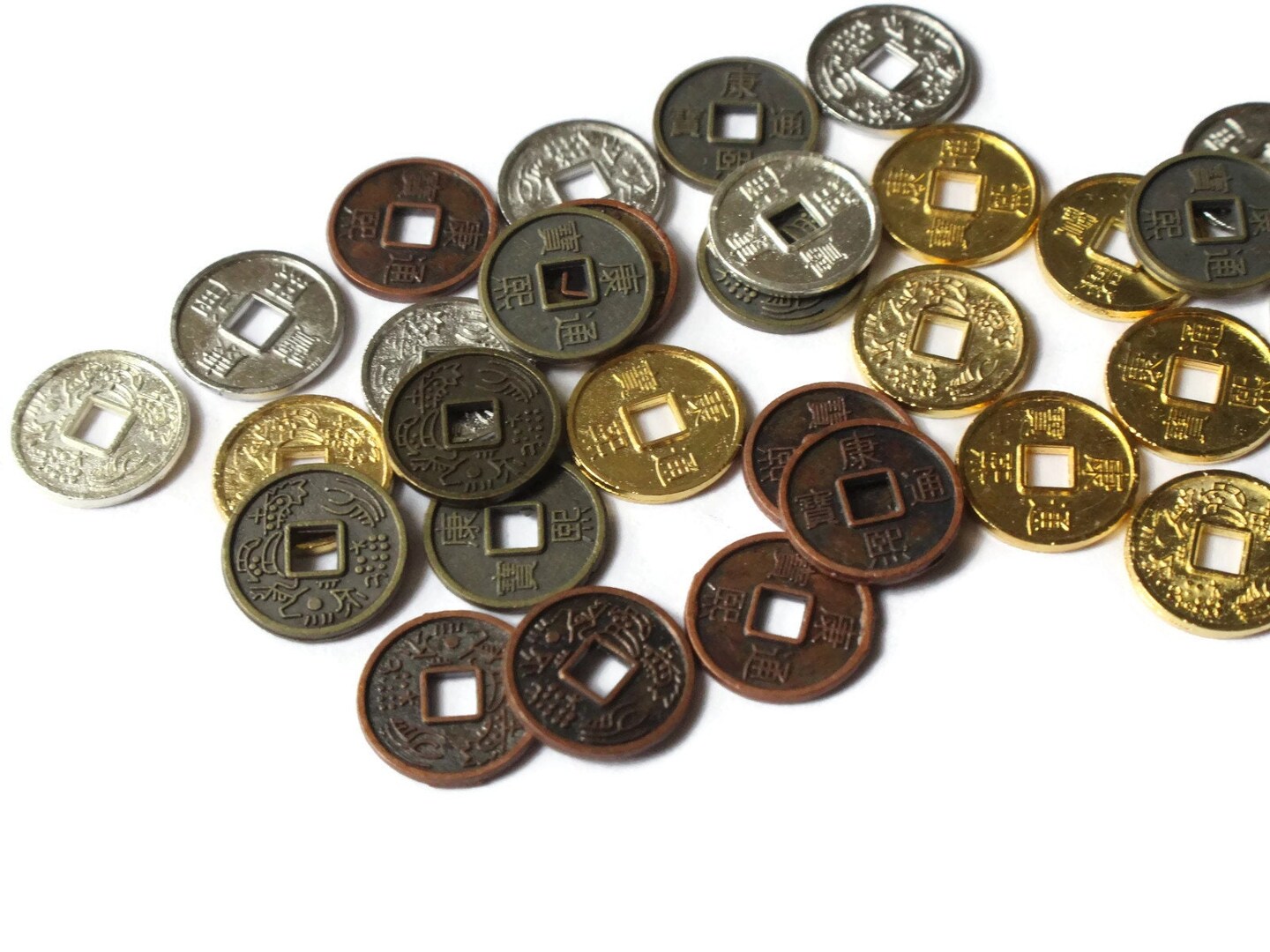 30 10mm Mixed Chinese Coin Beads Flat Round Miniature Replica Money with KangXi
