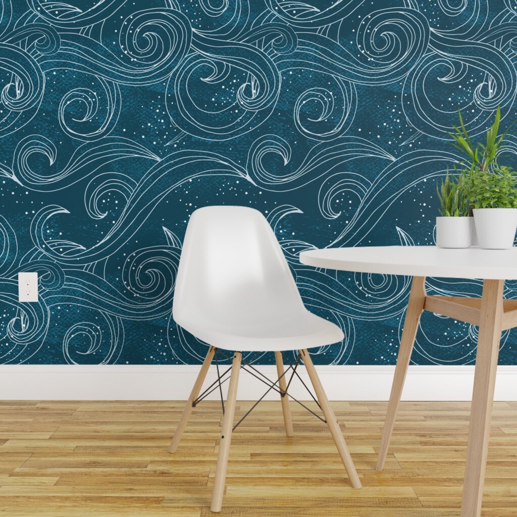 Peel &#x26; Stick Wallpaper 2FT Wide Wild Waves Mermaid Ocean Sea Whimsical Abstract Midnight Magical Custom Removable Wallpaper by Spoonflower