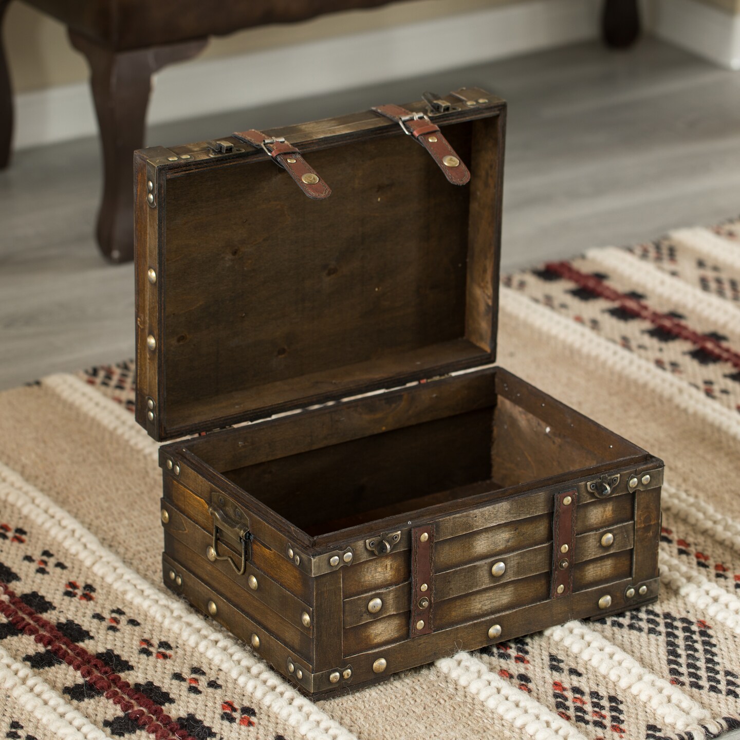 Wooden Brown Storage Trunk with Faux Leather Straps and Handles