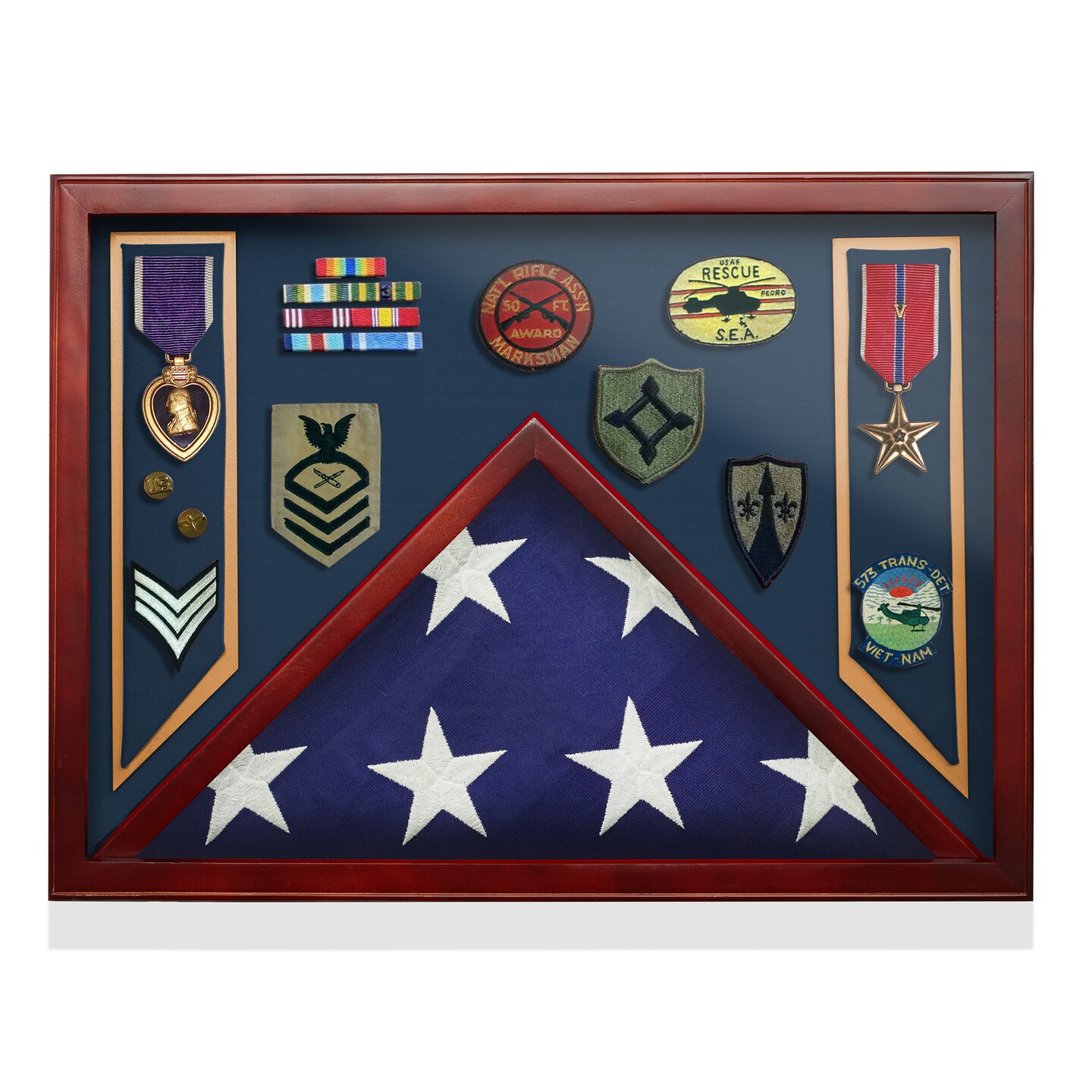 Reminded Military Shadow Box Display Case for Medals & Burial Flag - Solid Wood Cabinet with Velvet Insert