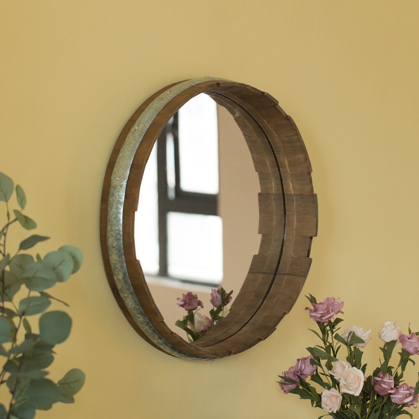 Round Rustic Wood and Galvanized Metal Framed Wine Barrel Shaped Wall Mirror