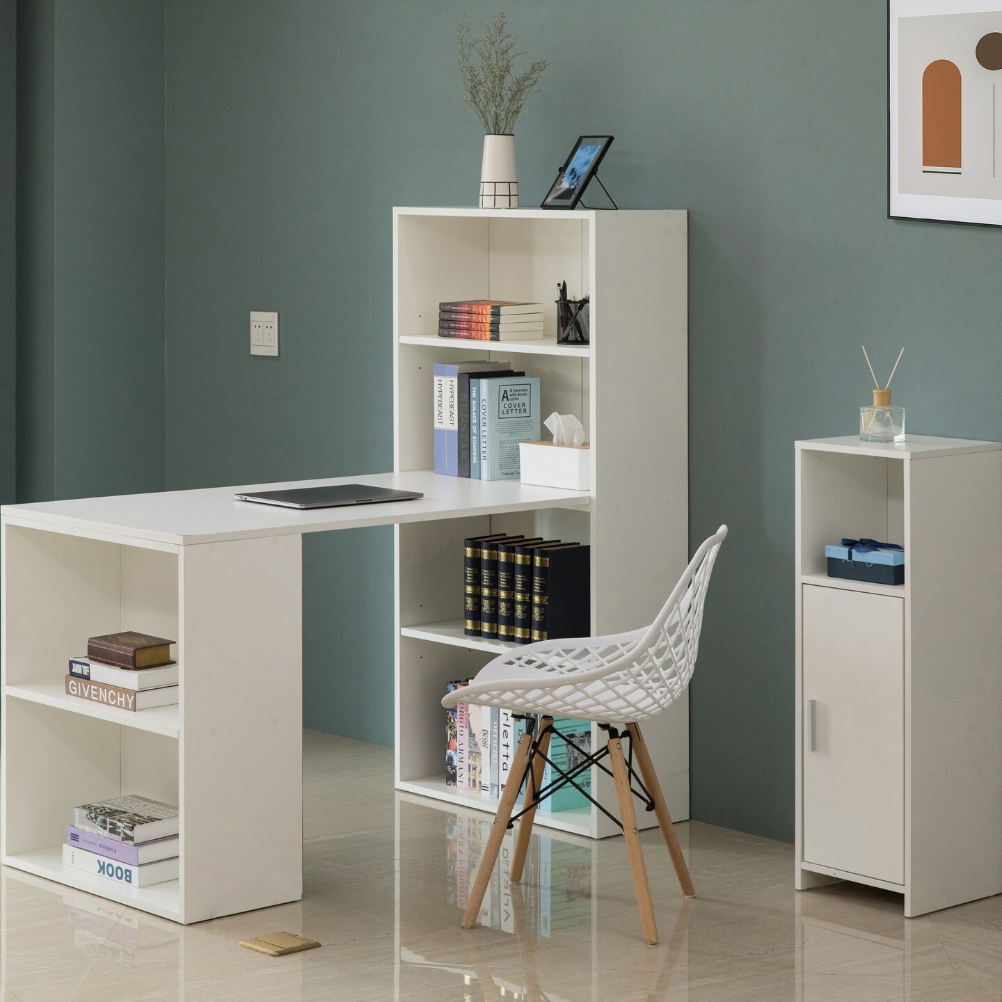 Computer Writing Workstation Table with Combo Bookshelf Bookcase