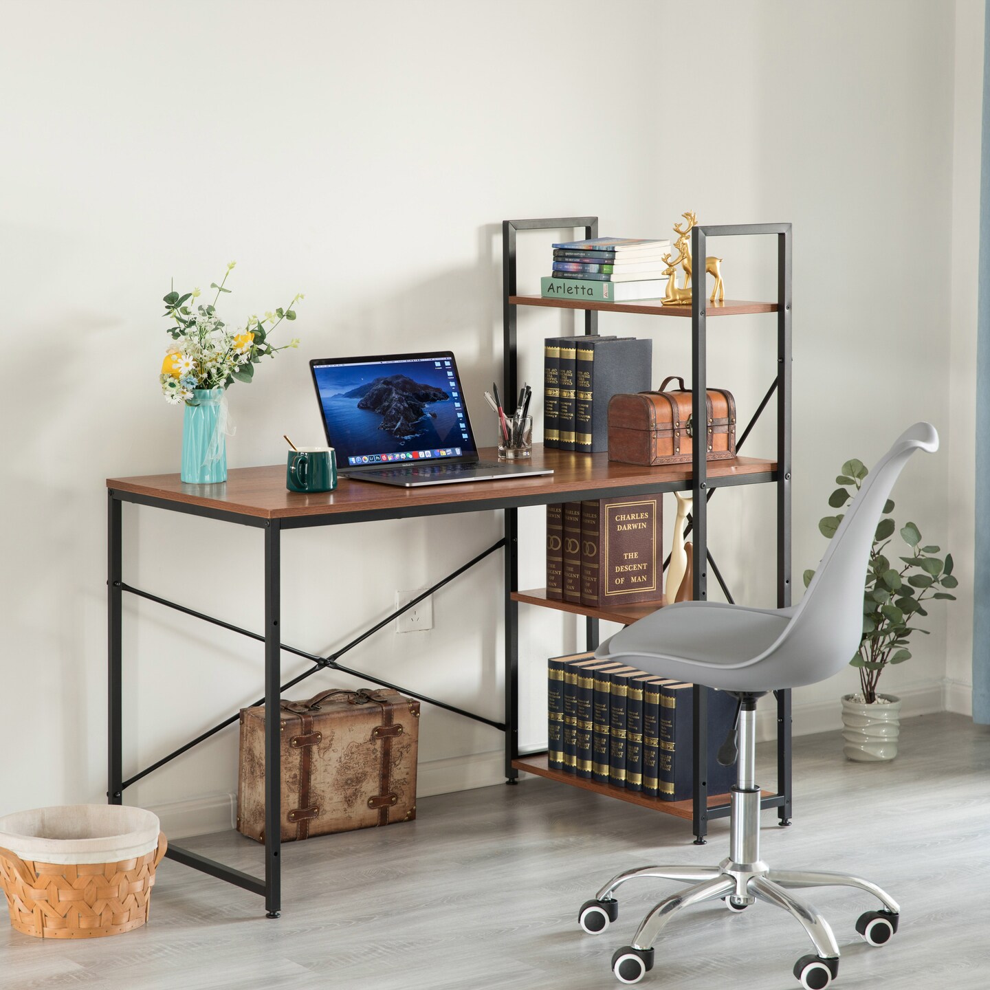 Wood and Metal Industrial Home Office Computer Desk with Bookshelves