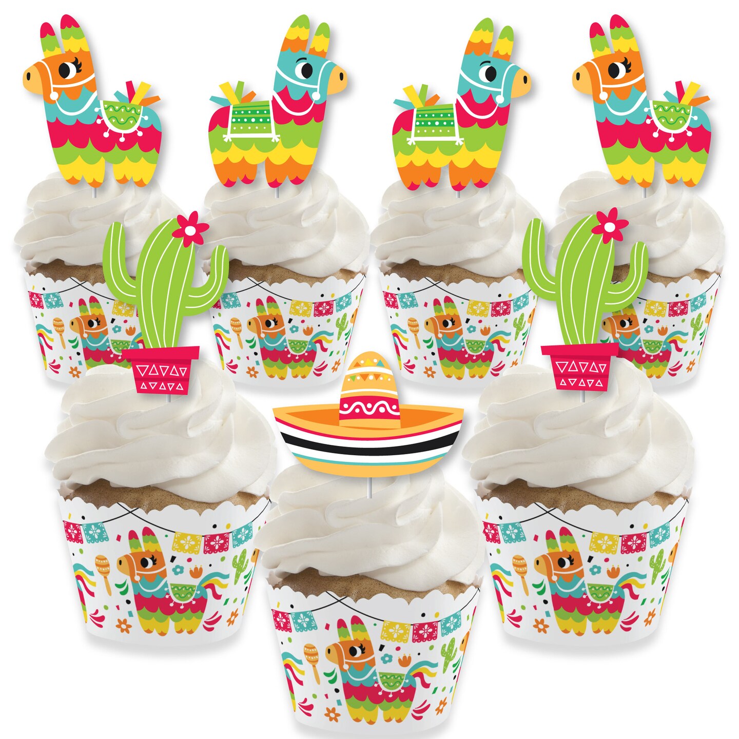 Big Dot of Happiness Pinata Party - Cupcake Decoration - Colorful Fiesta Cupcake Wrappers and Treat Picks Kit - Set of 24