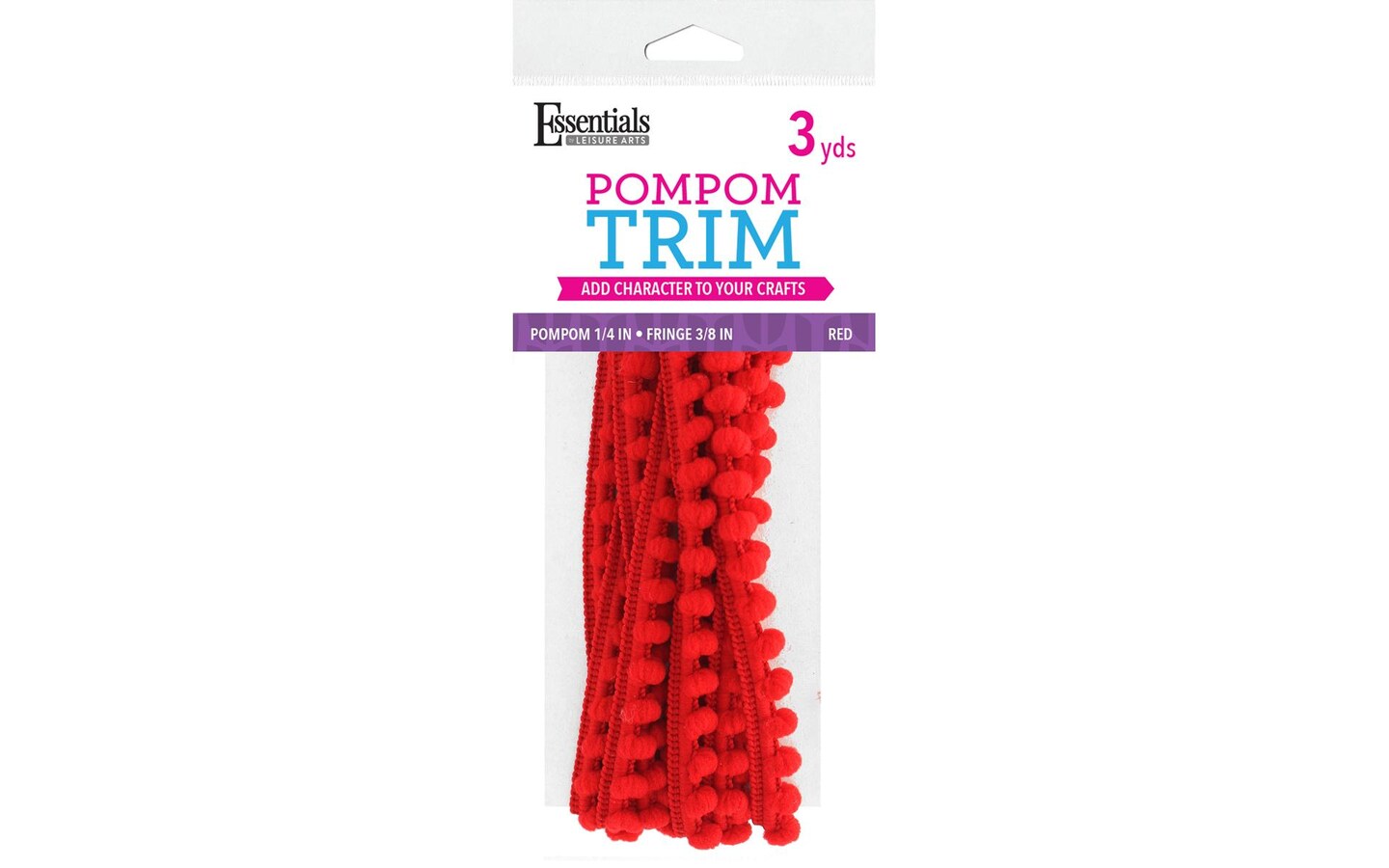Essentials by Leisure Arts Pom Pom 1/4 Fringe - Red - 3/8 - 3 yard pom  poms arts and crafts - red pompoms for crafts - craft pom poms - puff balls