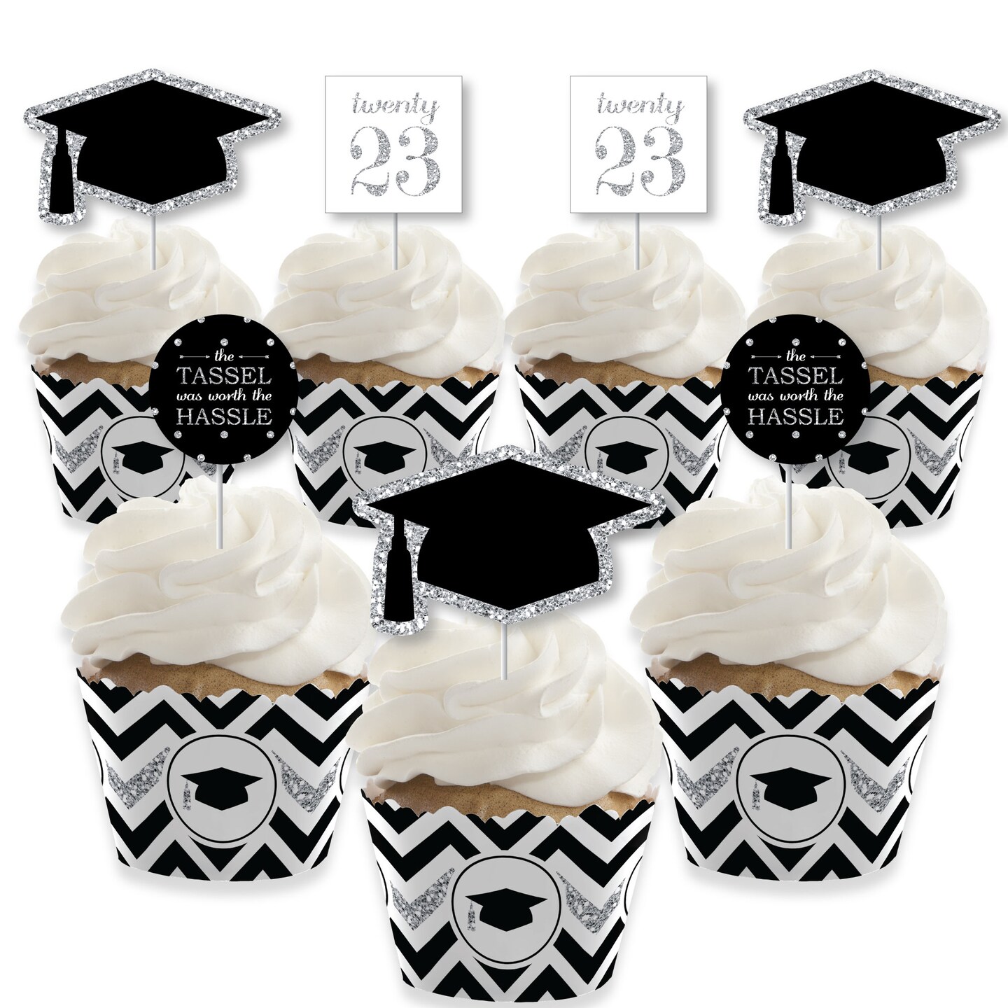 Big Dot of Happiness 2023 Silver Graduation Cupcake Decoration Party