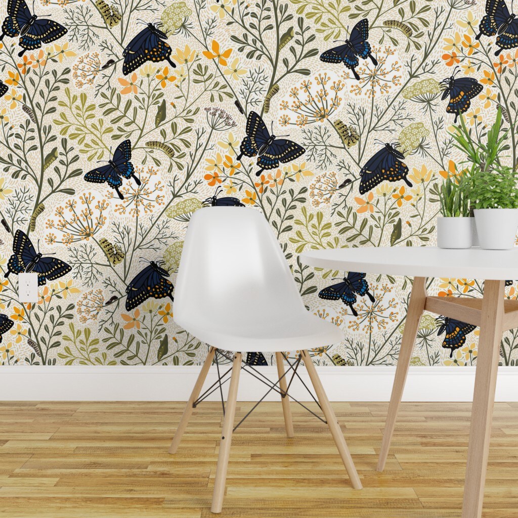 Peel &#x26; Stick Wallpaper 2FT Wide Garden Butterflies Flowers Butterfly Bag Garden Botanical Dill Herbs Caterpillar Swallowtail Rue Chrysalis Custom Removable Wallpaper by Spoonflower