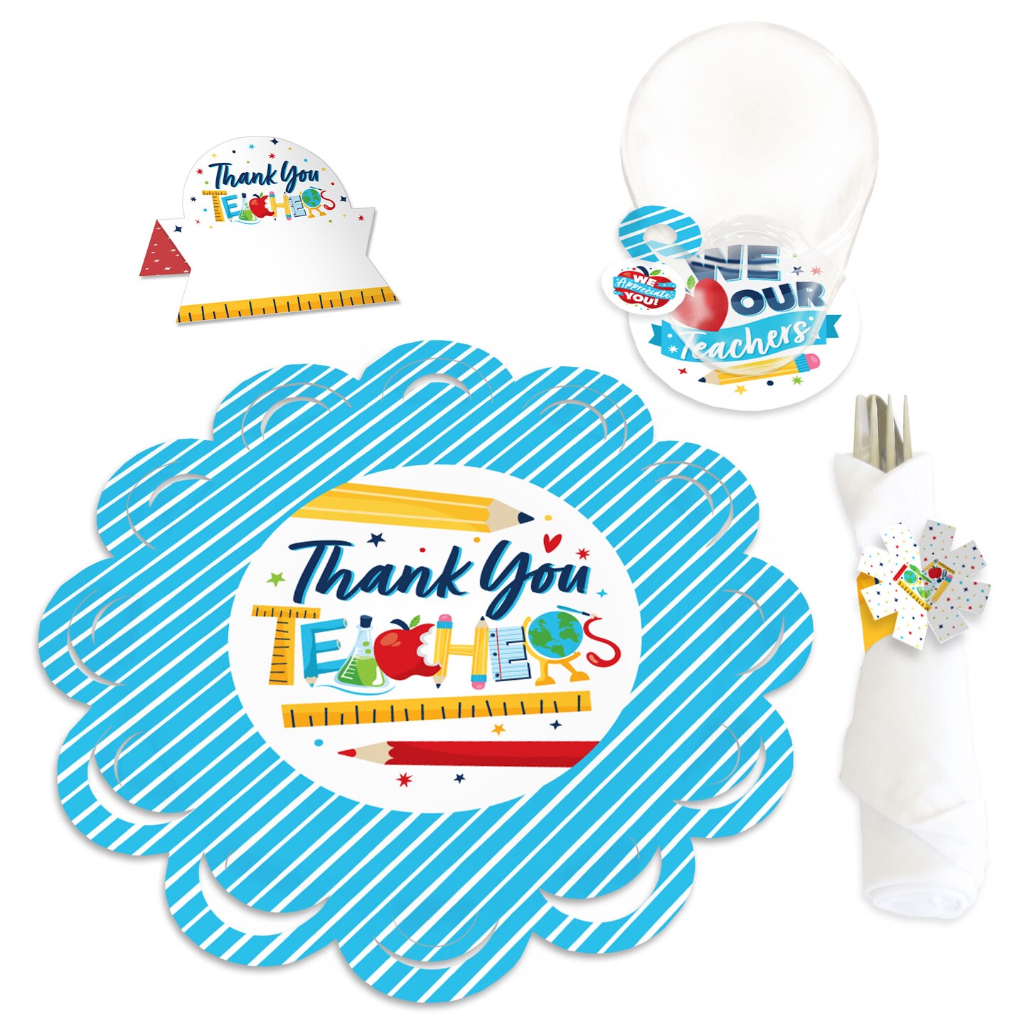 Big Dot of Happiness Thank You Teachers - Teacher Appreciation Paper Charger and Table Decorations - Chargerific Kit - Place Setting for 8