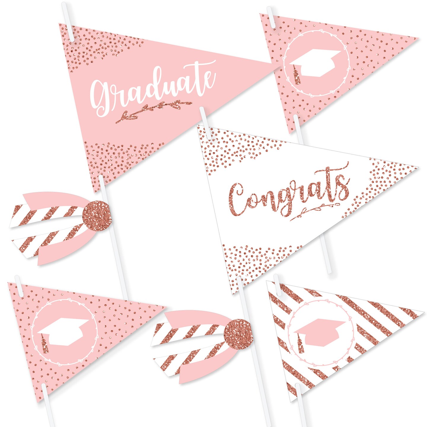 Big Dot of Happiness Rose Gold Grad - Triangle Graduation Party Photo Props - Pennant Flag Centerpieces - Set of 20