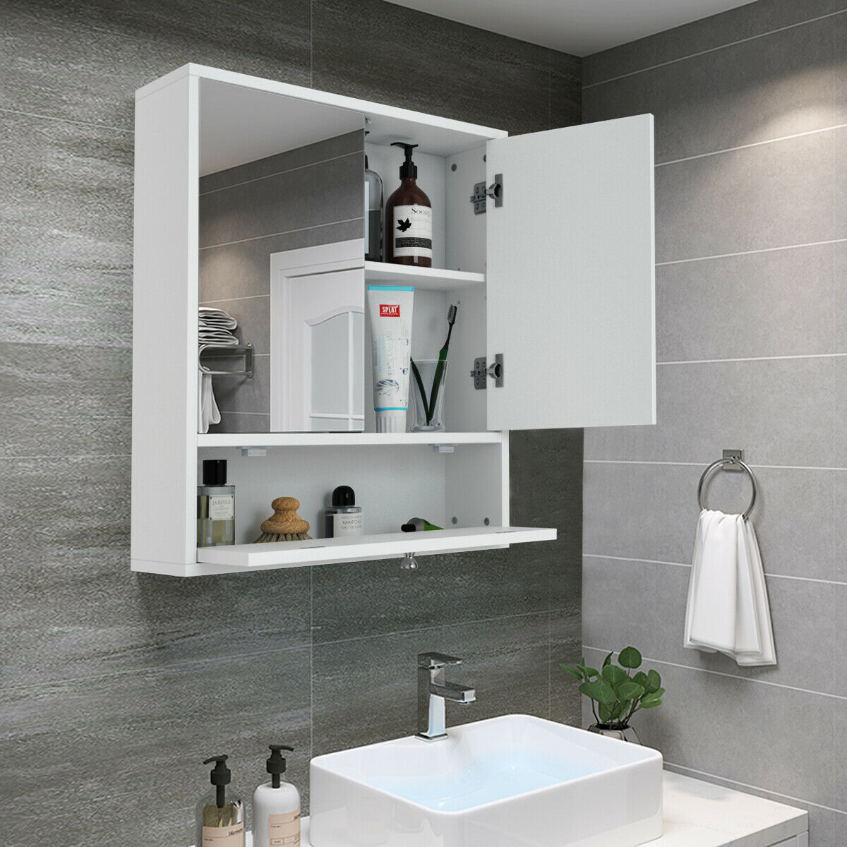Costway Bathroom Cabinet Medicine Cabinet Double Mirror Door Wall Mount Storage Wood Shelf White