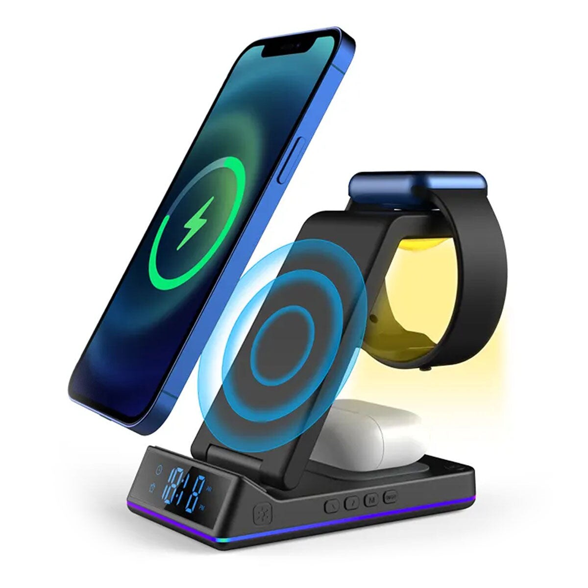 STC 3 in 1 Wireless Charger with Clock/Alarm and Night Light 15W Fast Charging Station Compatible with iPhone  AirPods and