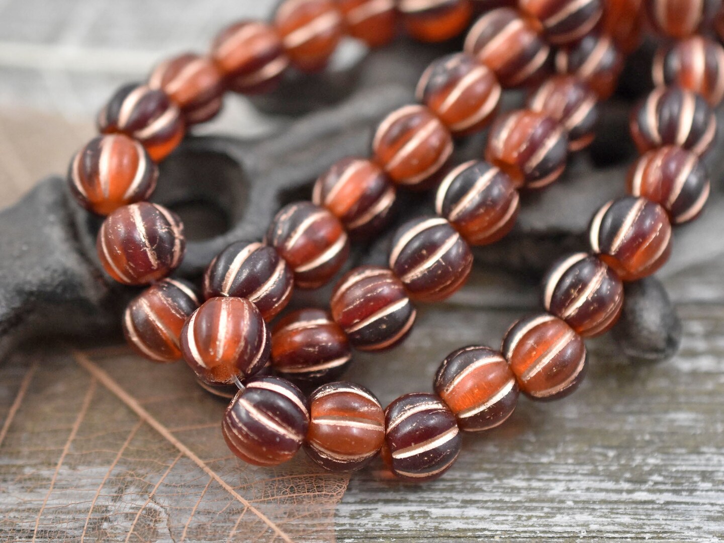*20* 8mm Copper Washed Red Sunset Large Hole Melon Beads