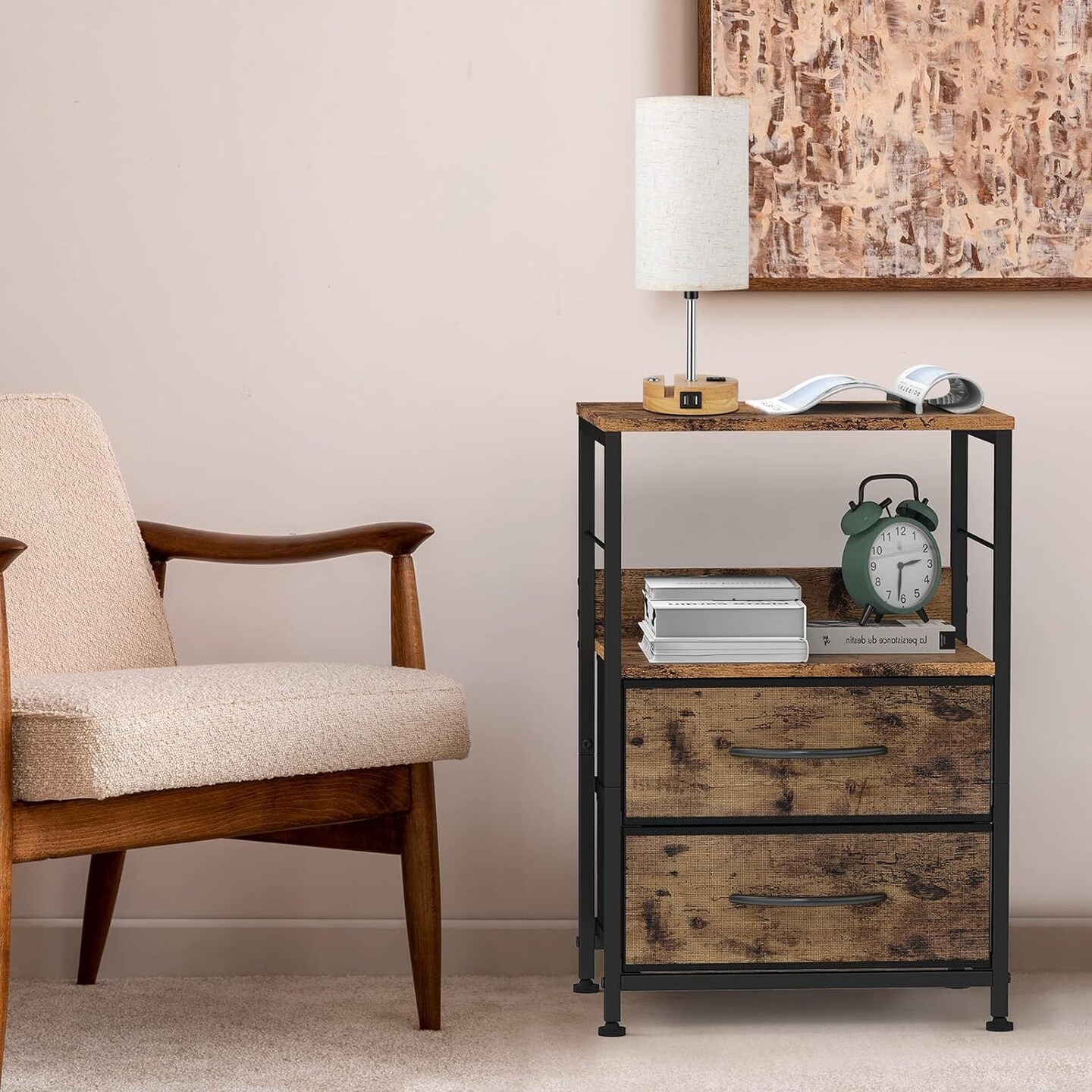 Nightstand Bedroom End Table with 2 Drawers and Open Shelf