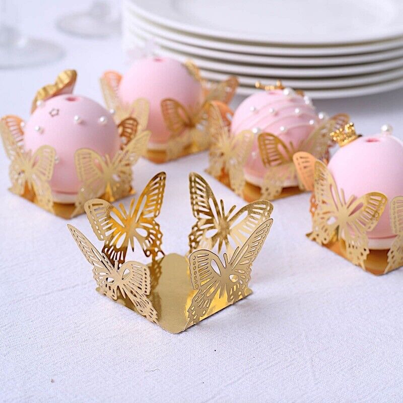 50 Metallic Gold 4 in Mini Butterfly Square Cupcake Dessert PAPER LINERS