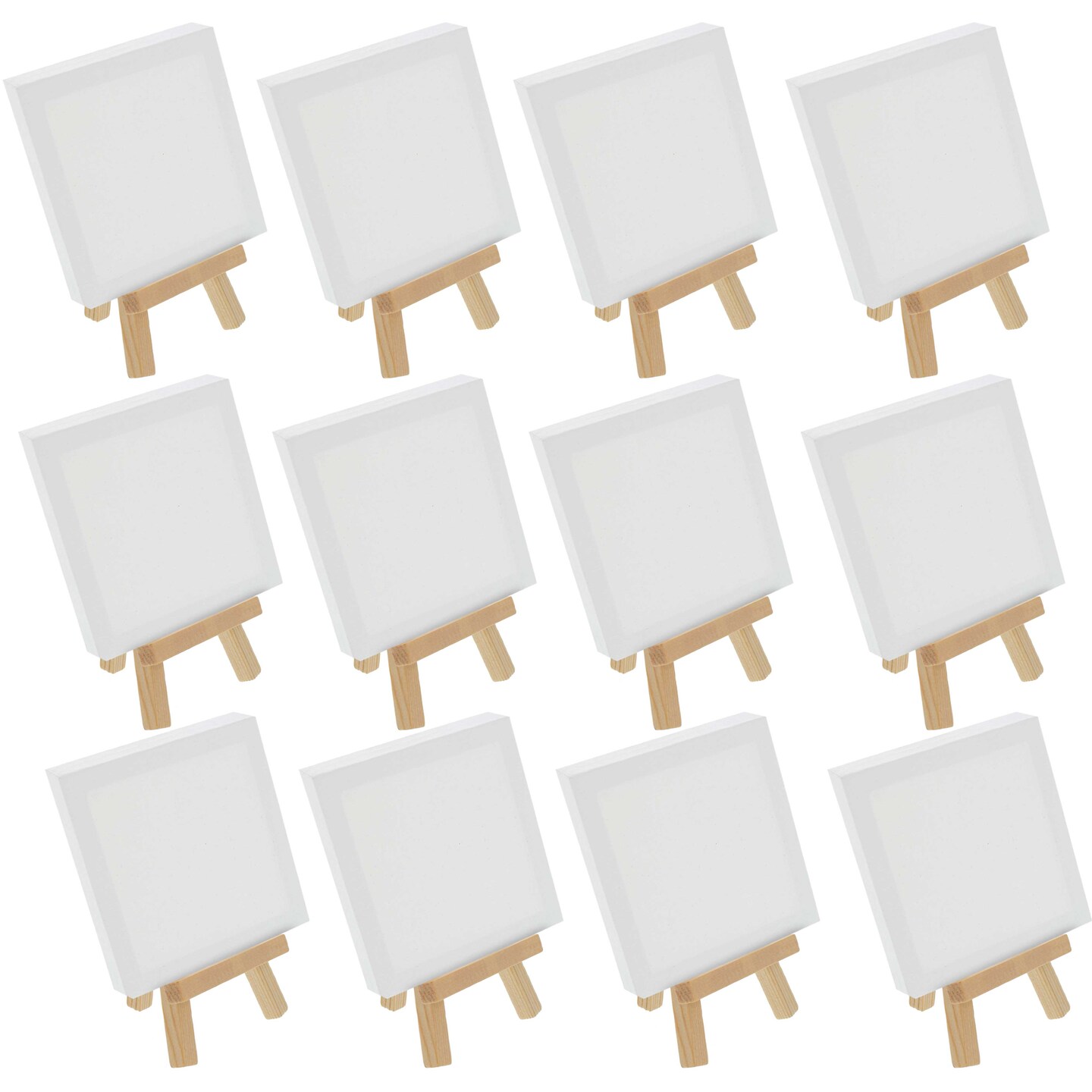 5&#x22; x 5&#x22; Stretched Canvas with 8&#x22; Mini Natural Wood Display Easel Kit (Pack of 12), Artist Tripod Tabletop Holder Stand - Painting Party, Oil Acrylic