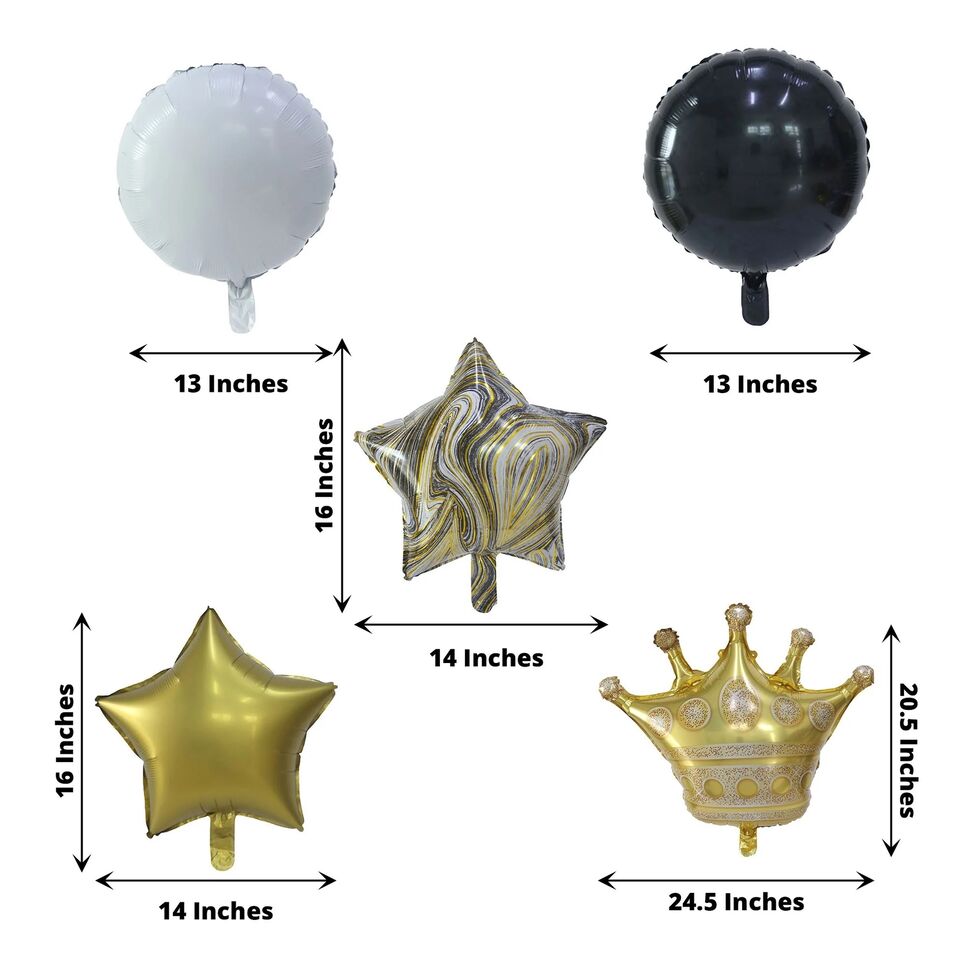 6 Gold Black White Round Crown Stars Mylar Foil BALLOONS