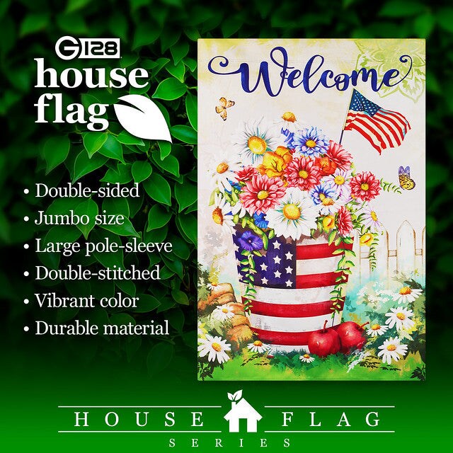 G128 House Flag Welcome USA Patriotic Flower Pot | 28x40 Inch | Printed Blockout Polyester - Patriotic Decoration