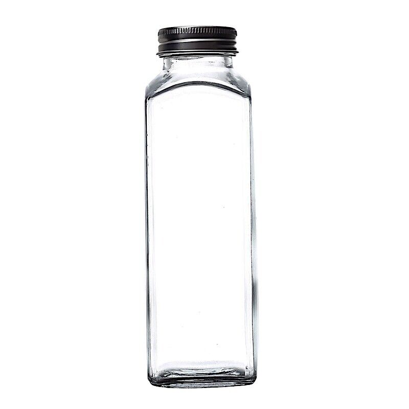 12 Clear 12 oz Square Storage Jars Refillable GLASS BOTTLES Aluminum Caps