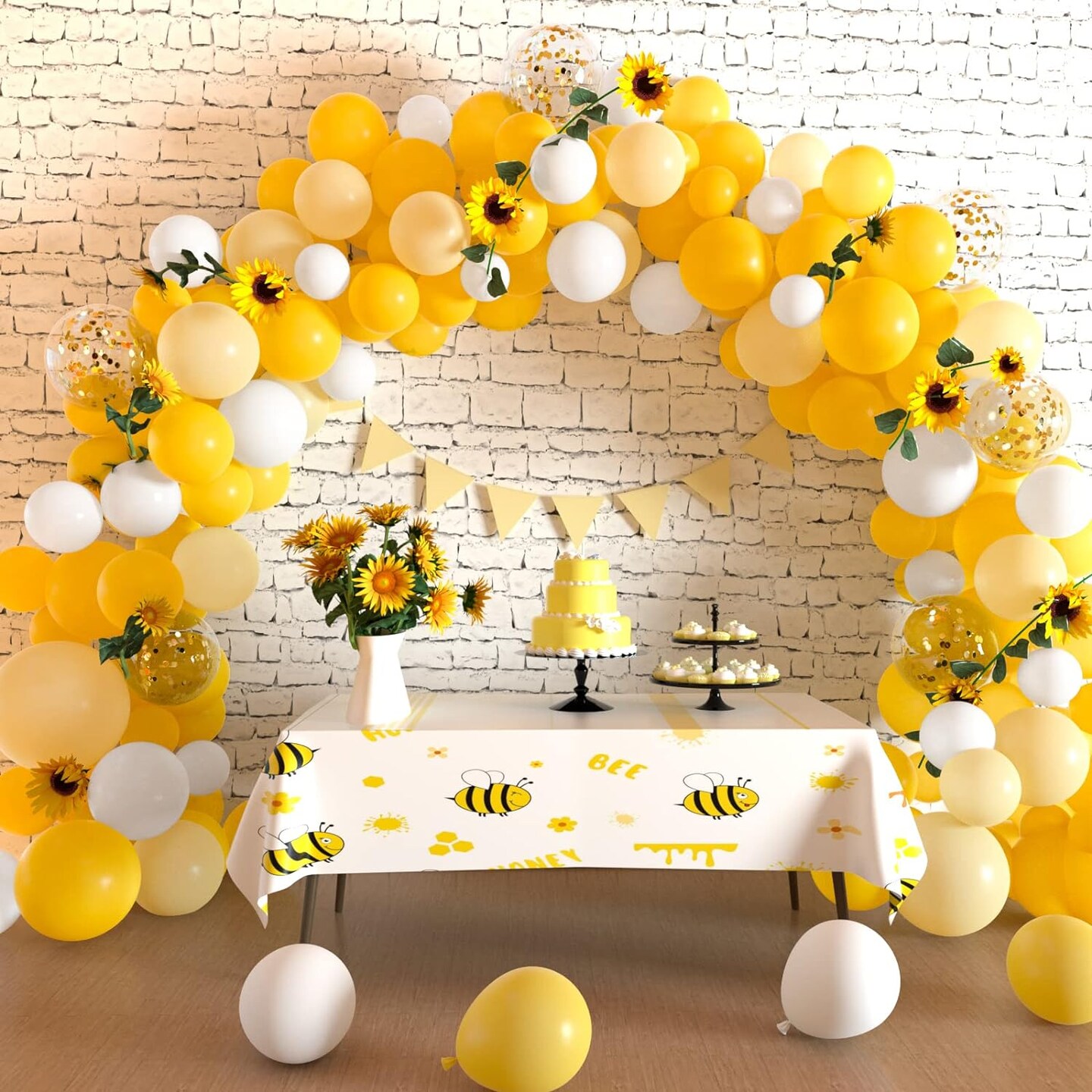 12 inches Yellow White Gold Confetti Balloons 60 Pack Pastel Yellow White Party Balloon for Sunflower Honeybee Theme Birthday Baby Shower Party Supplies