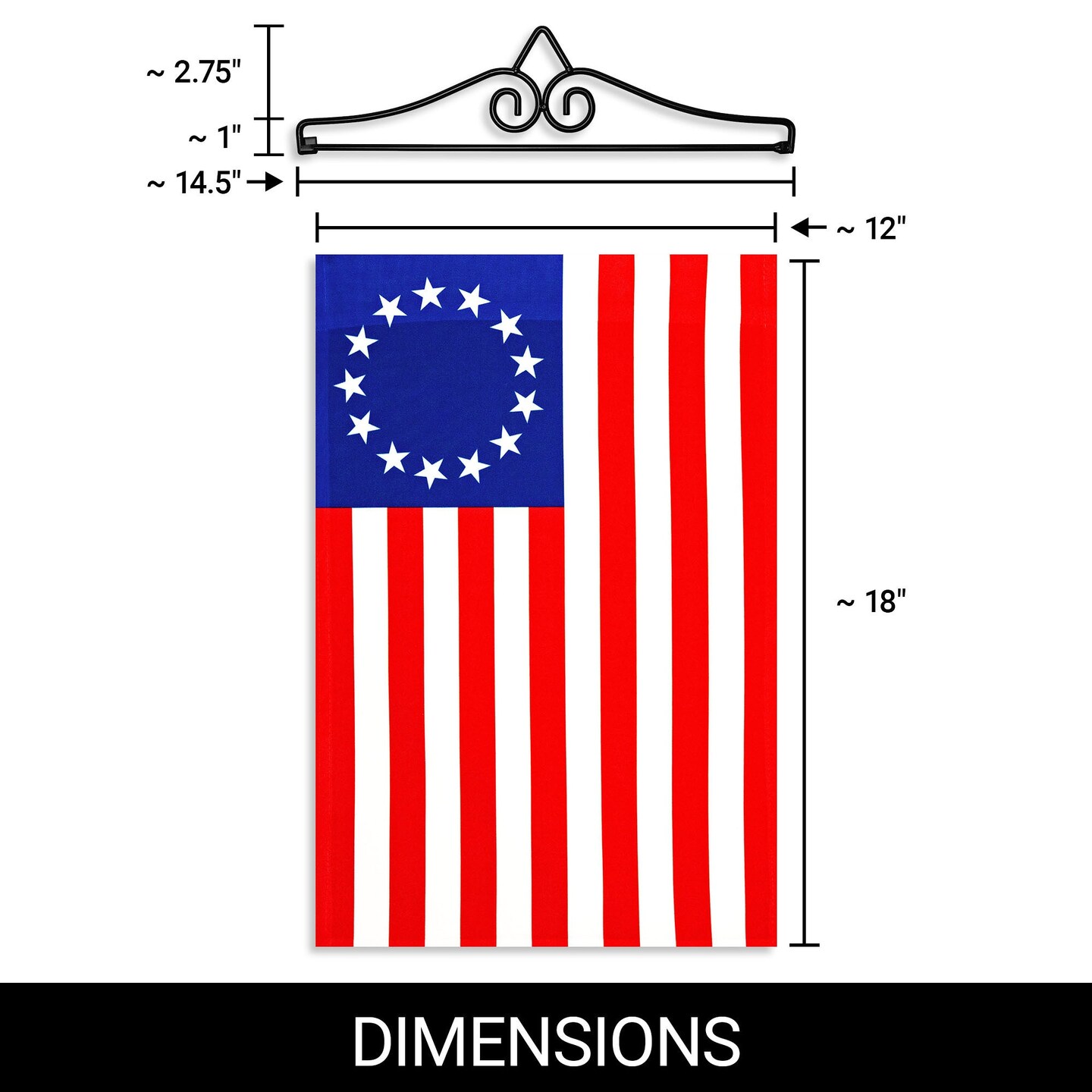 G128 Combo Pack Garden Flag Hanger 14IN & Garden Flag Betsy Ross 12x18IN Printed 150D Polyester