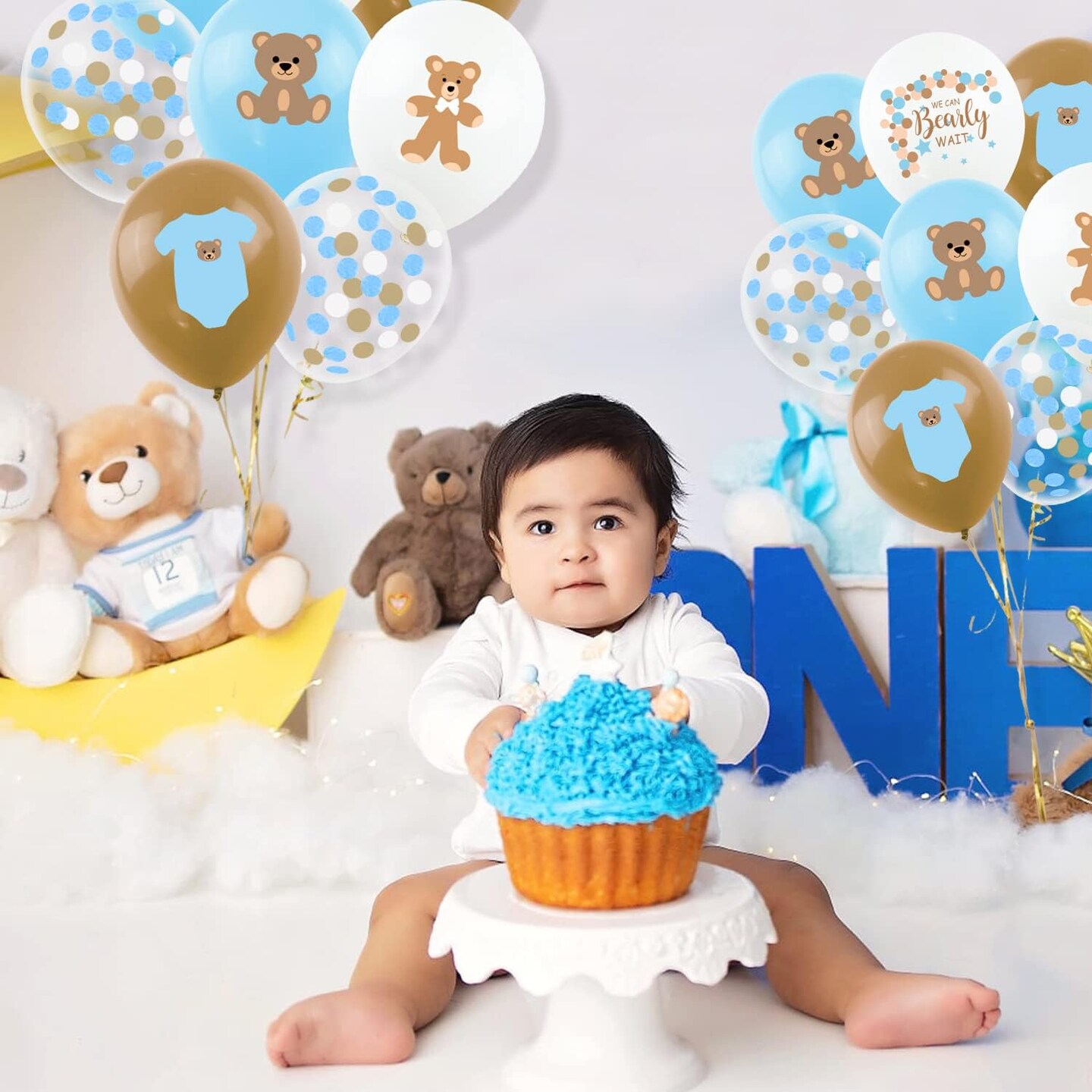 45Pcs Blue Bear Baby Shower Party Balloons, 12&#x22; Latex Printed We Can Bearly Wait Brown Creamy Bear Balloon Decor for It&#x27;s A Boy Gender Reveal Kid Birthday Wedding Photo Prop Party Decorations Supplies