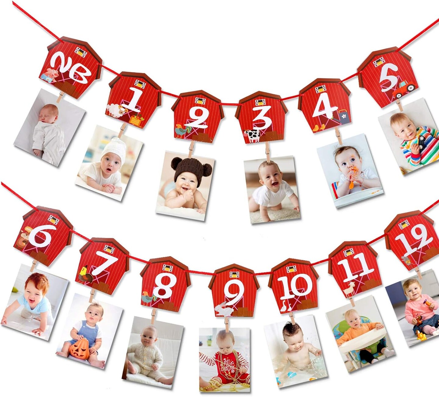 Farm Animal Theme Photo Banner 1st Birthday Monthly Banner Newborn to 12 Month Photo Display Milestone Photograph for Barnyard First Birthday Party Decorations Supplies