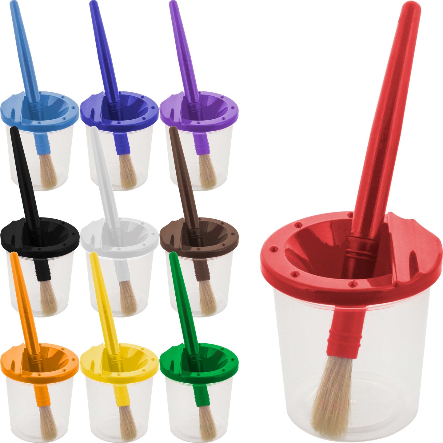10 Piece Children&#x27;s No Spill Paint Cups with Colored Lids and 10 Piece Large Round Brush Set with Plastic Handles