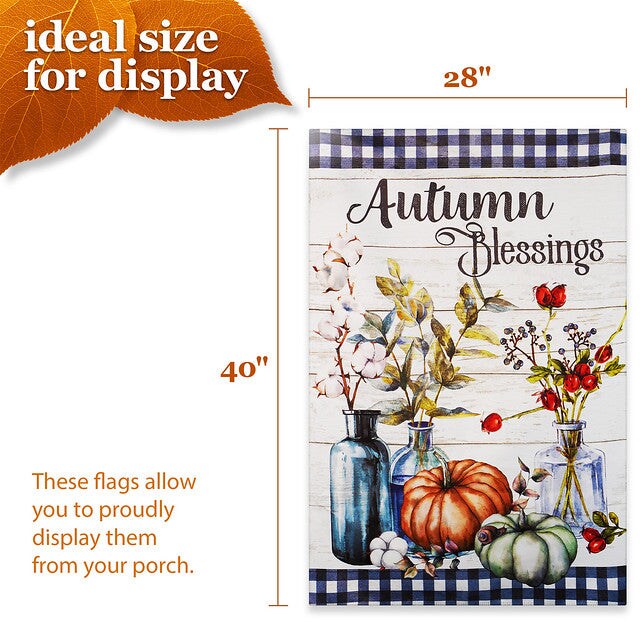 G128 House Flag Autumn Blessings Pumpkins and Flower Vases | 28x40 Inch | Printed Blockout Polyester - Fall Decoration