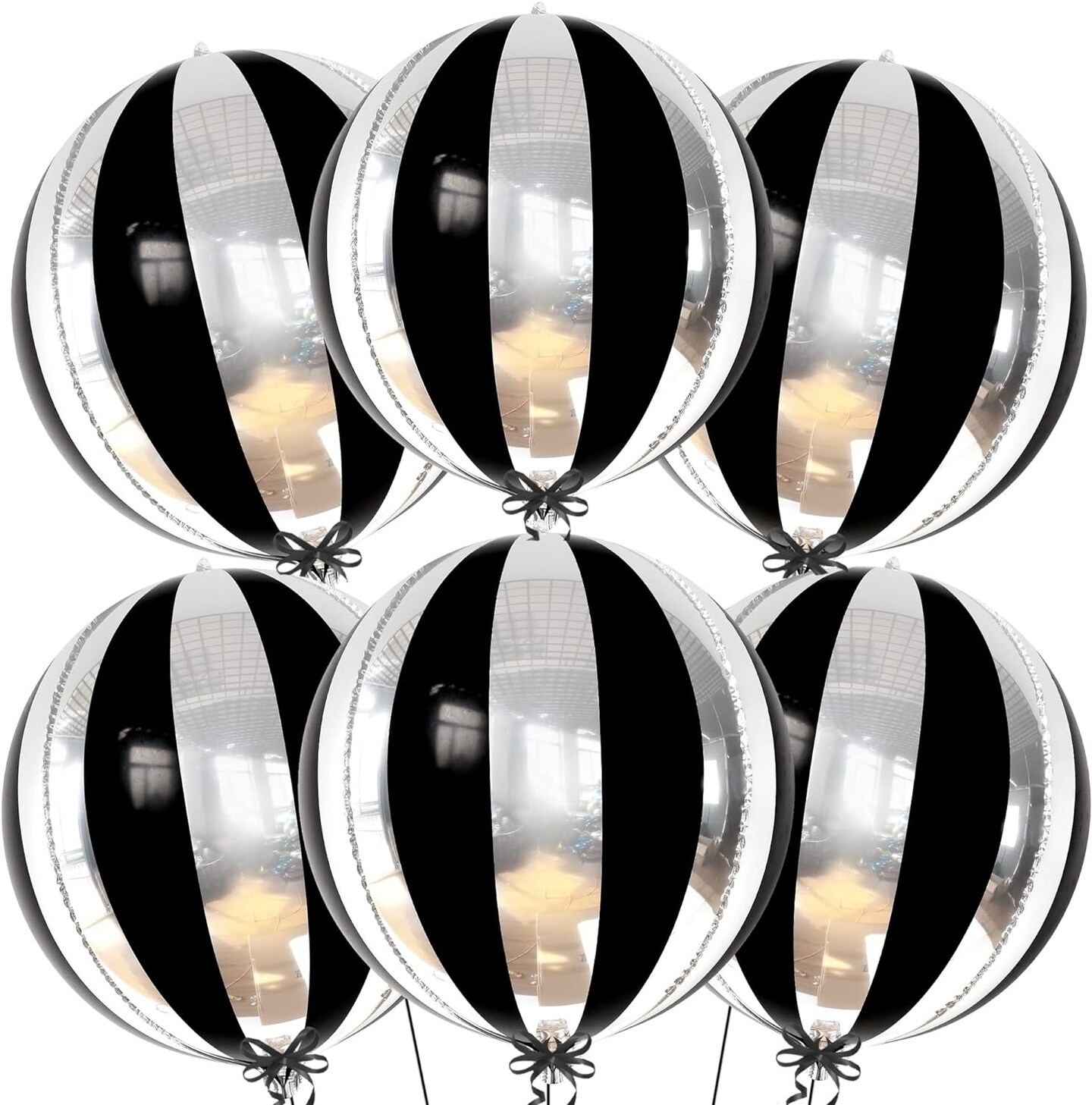 Big, 22 Inch Black and Silver Balloons - Pack of 6, Black and Silver Party Decorations | 360 Degree 4D Stripe Black Silver Balloons | Silver and Black Balloons for Black and White Party Decorations