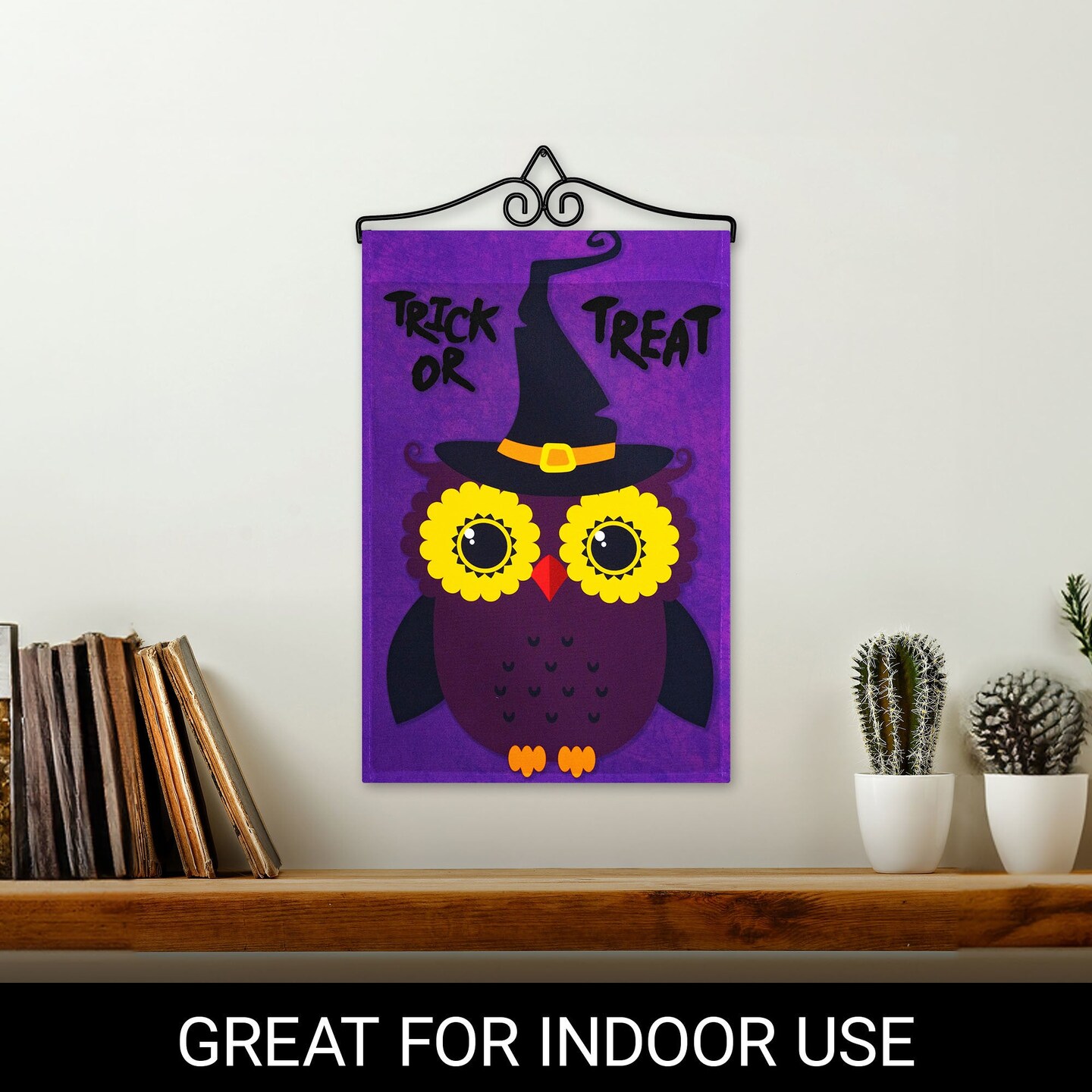 G128 Combo Pack Garden Flag Hanger 14IN & Garden Flag Trick or Treat Owl Purple BG 12x18IN Printed 150D Polyester
