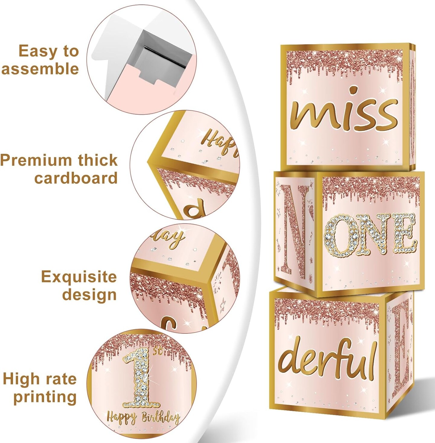 3Pcs 1st Birthday Boxes Party Supplies for Baby Girl, Pink Rose Gold Miss Onederful 1st Birthday Balloons Boxes Decoration, Pink One Year Old Birthday Theme Cardboard Box Decor
