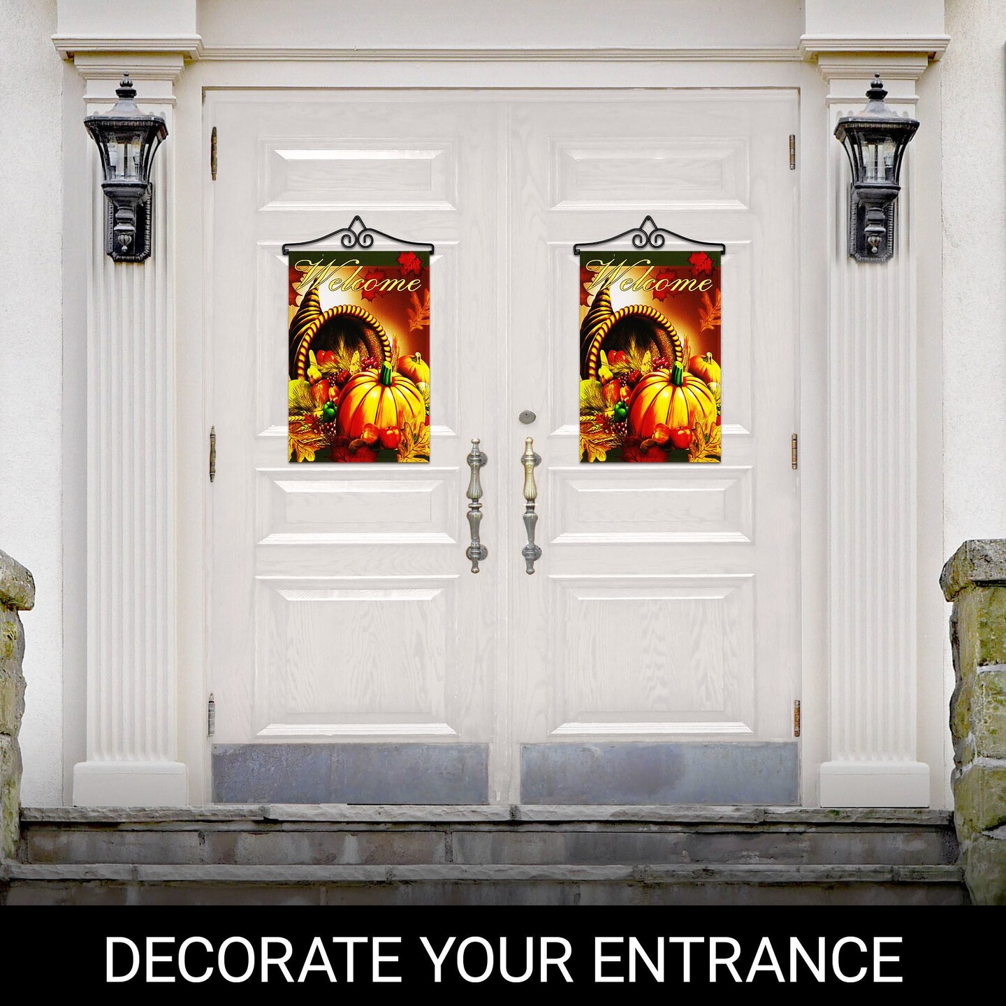 G128 Combo Pack Garden Flag Hanger 14IN & Garden Flag Welcome Cornucopia with Pumpkin 12x18IN Printed 150D Polyester