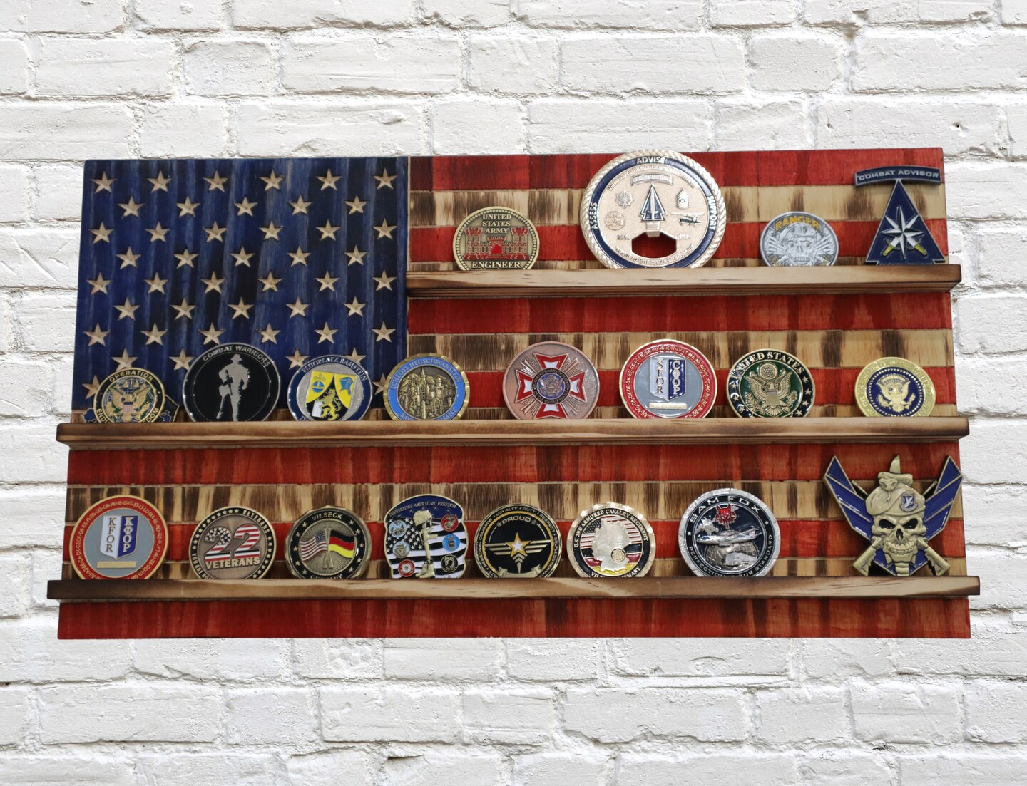 Wooden American Flag - Challenge Coin Display - Wood Flag - Military Coin store Holder - Blonde - Customizable - Personalized