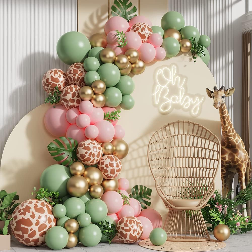 Pink Jungle Safari Balloon Garland Arch Kit 145pcs Sage Green and Pink Giraffe Animal Print Balloons for Woodland Girls Baby Shower Wild One First Birthday Party Decoration