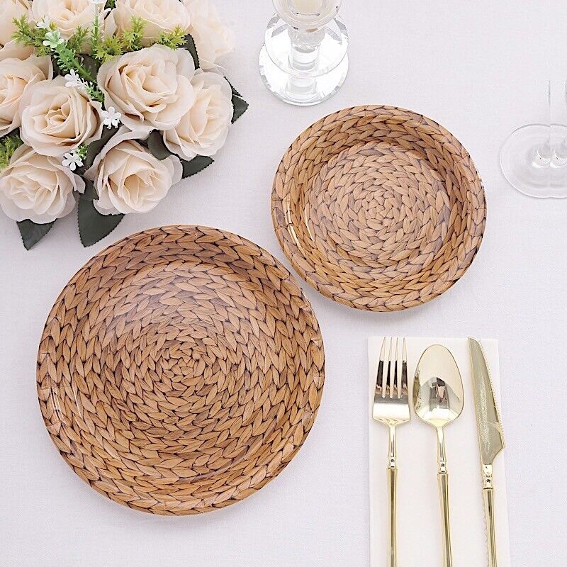 25 Natural 9 in Woven Rattan Print Disposable Dinner Paper PLATES