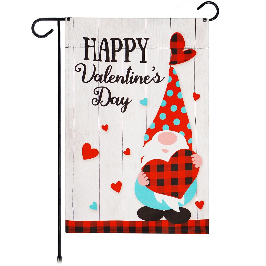 G128 Garden Flag Happy Valentine&#x27;s Day Gnome Holding Plain Heart 12&#x22;x18&#x22; Blockout Fabric