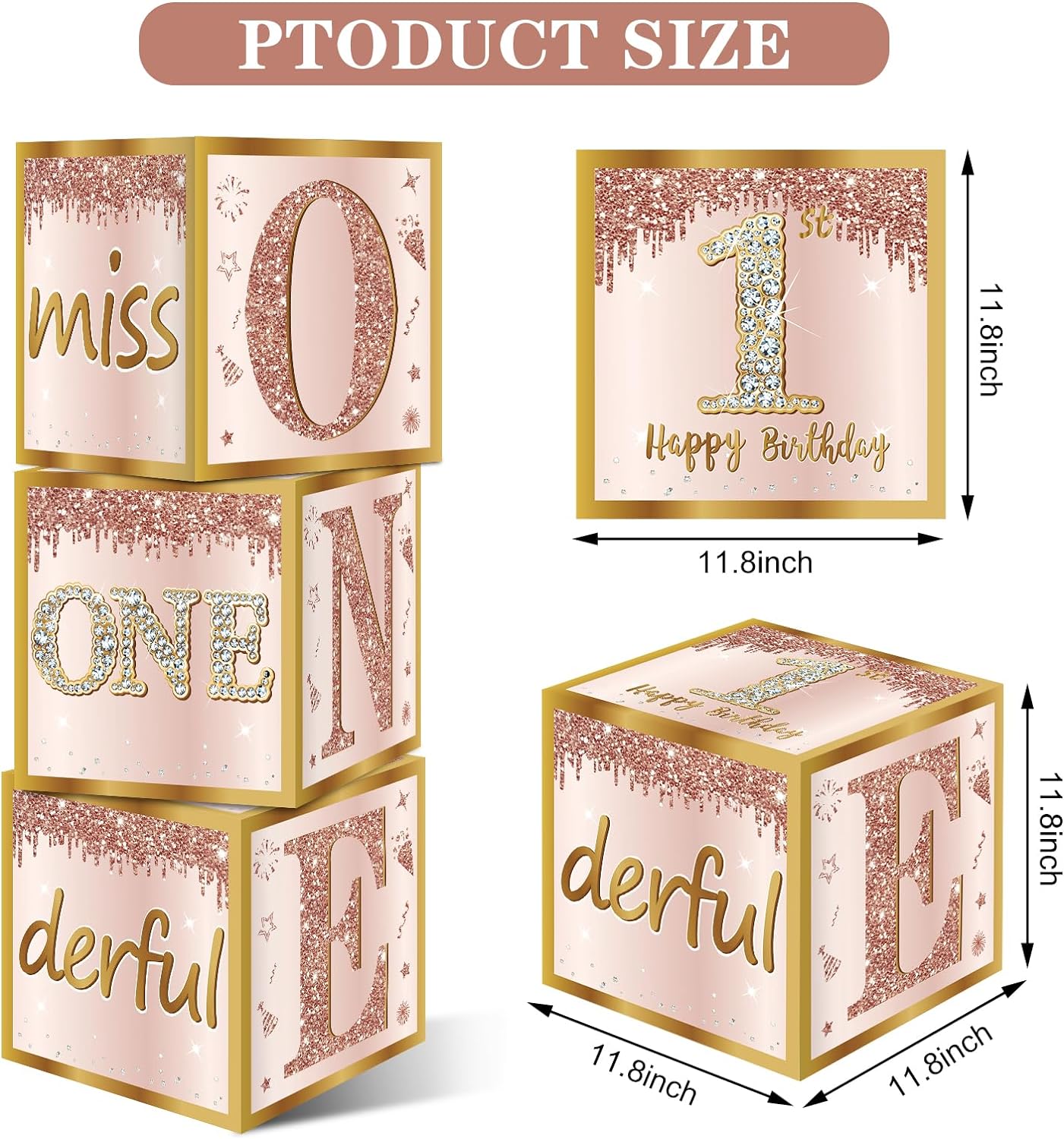 3Pcs 1st Birthday Boxes Party Supplies for Baby Girl, Pink Rose Gold Miss Onederful 1st Birthday Balloons Boxes Decoration, Pink One Year Old Birthday Theme Cardboard Box Decor