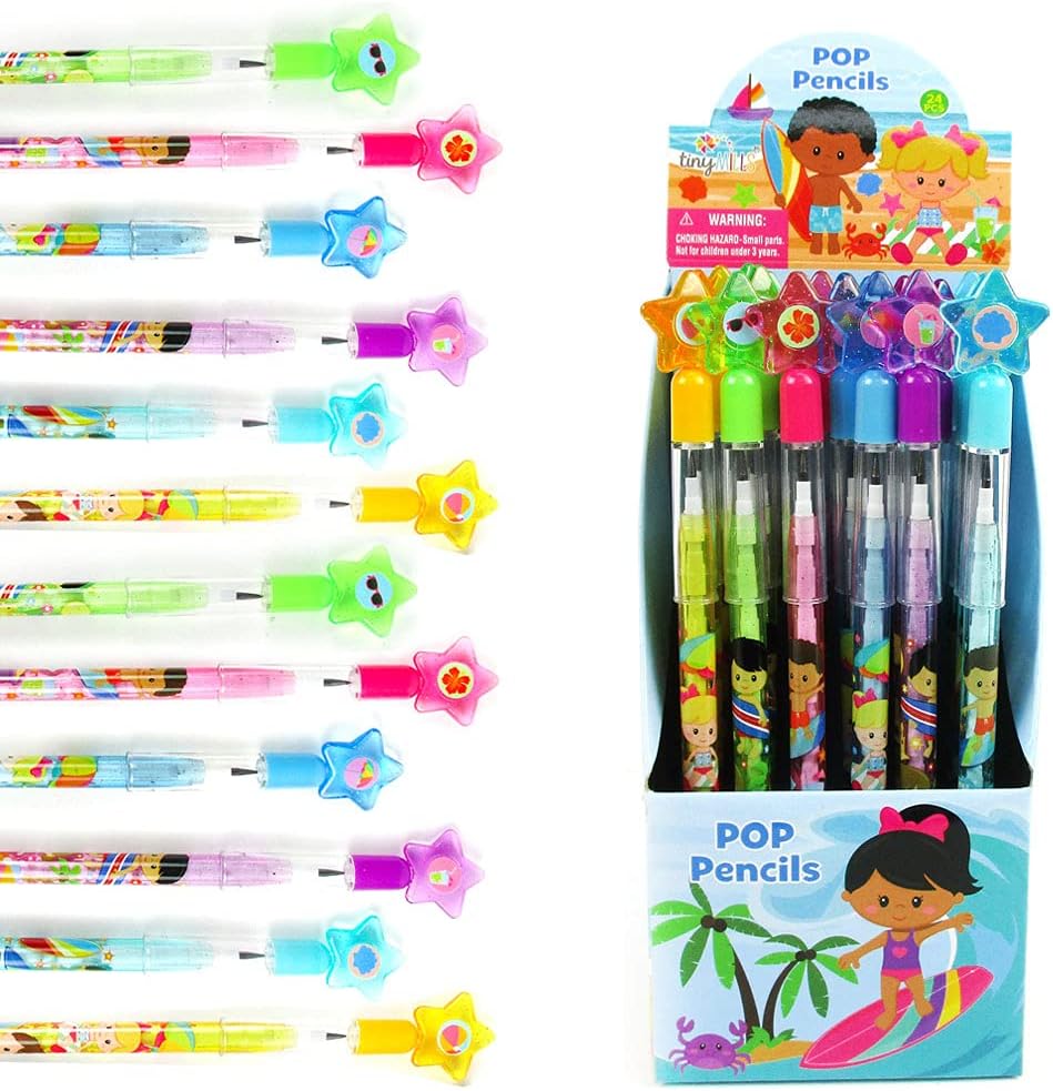 TINYMILLS 24 Pcs Summer Beach Surfer Stackable Push Pencil Assortment with Eraser