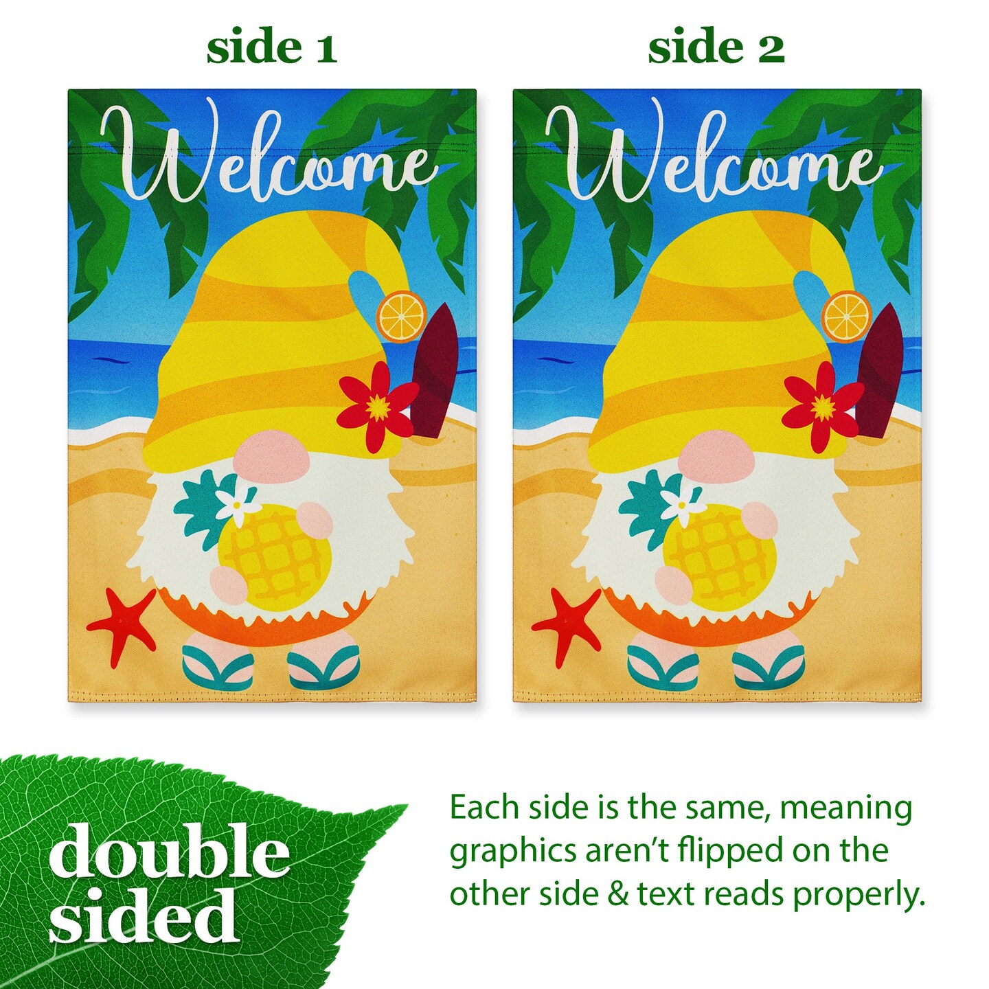 G128 Garden Flag Welcome Gnome at Beach with Pineapple 12"x18" Blockout Fabric