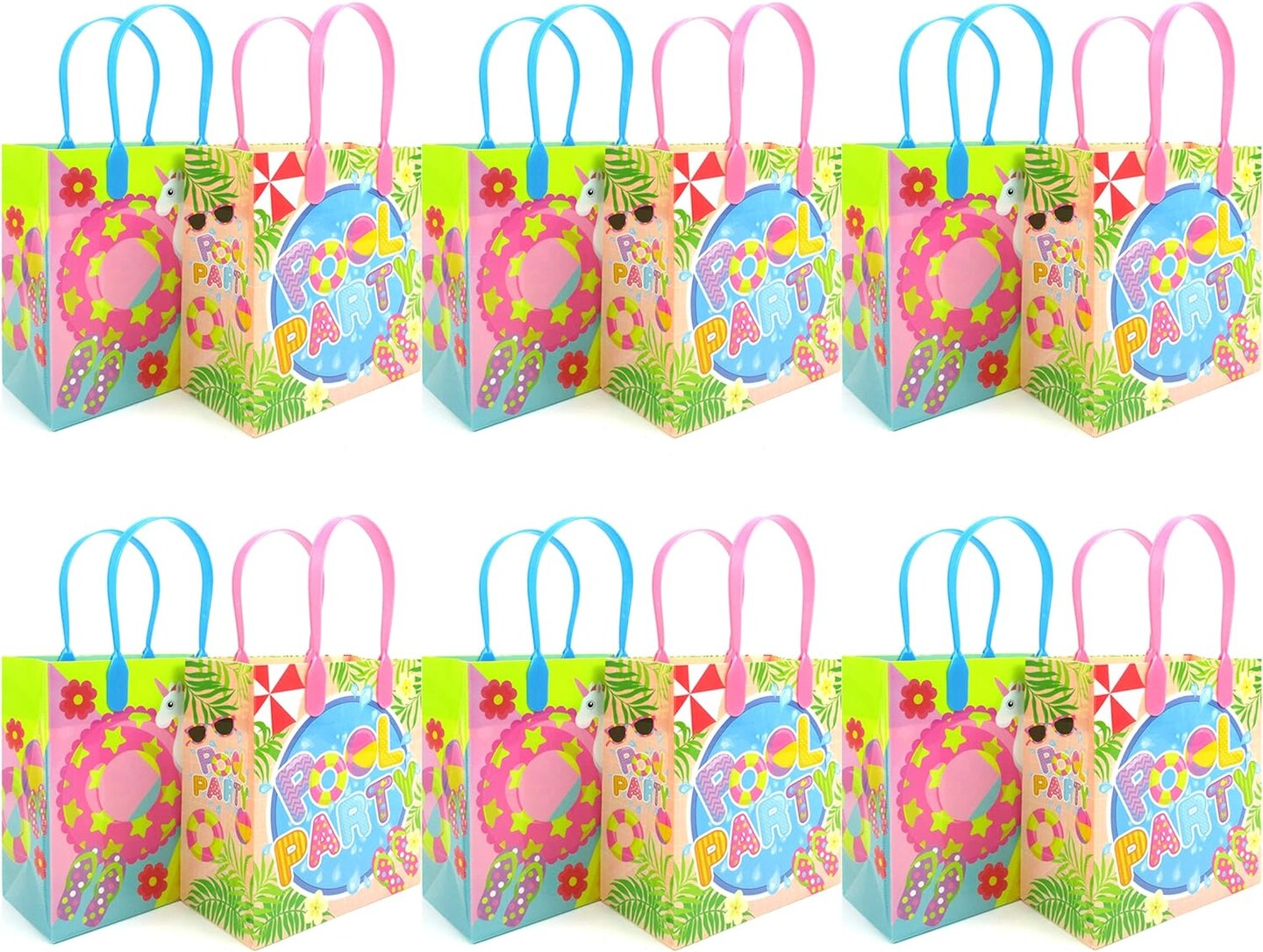 TINYMILLS Pool Party Summer Themed Party Favor Bags Treat Bags with Handles, Pack of 12