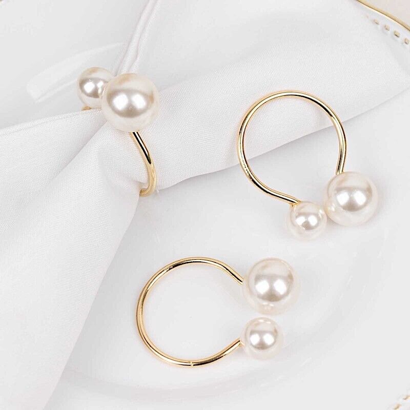 10 Gold 2.5 in Metal Dinner NAPKIN RINGS White Faux Pearls