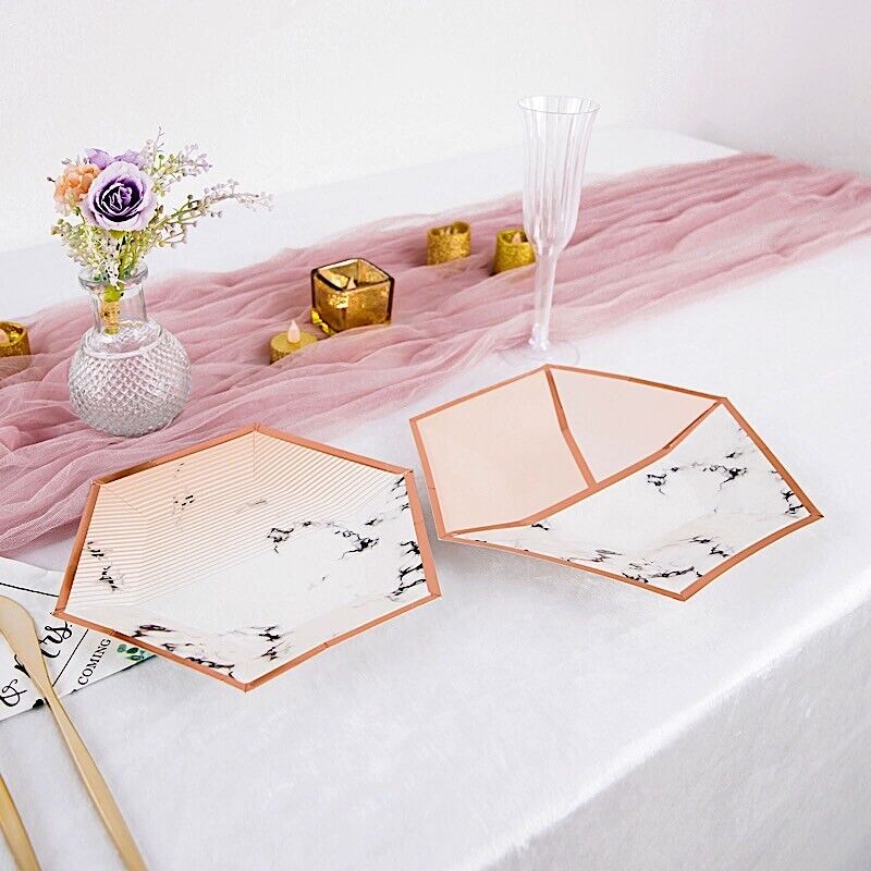 50 Rose Gold Marble Hexagon Disposable Salad Dinner Paper Plates