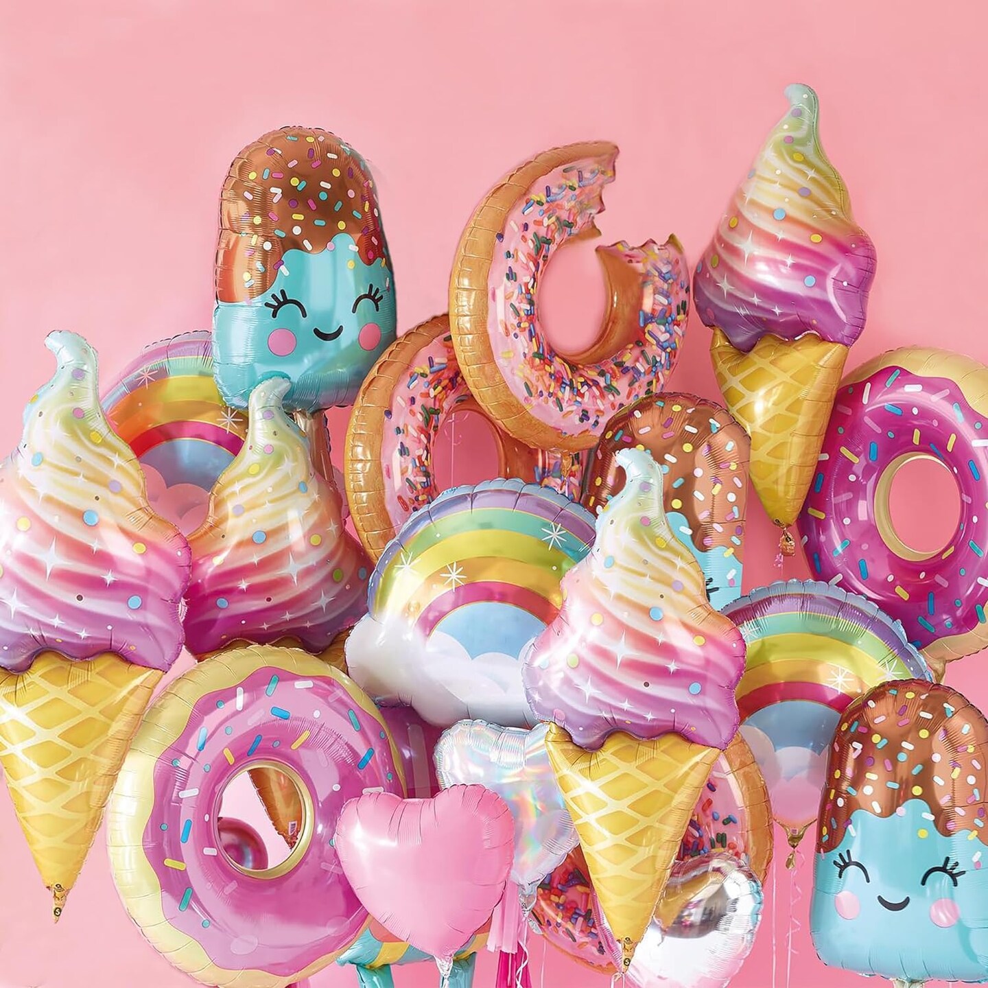 Ice Cream Party Decorations,Candyland 17Pcs Donut Rainbow Cloud Popsicle Heart Foil Balloons for Two Sweet One Birthday Girl&#x27;s Baby Shower Pool Beach Summer Party Favors Supplies