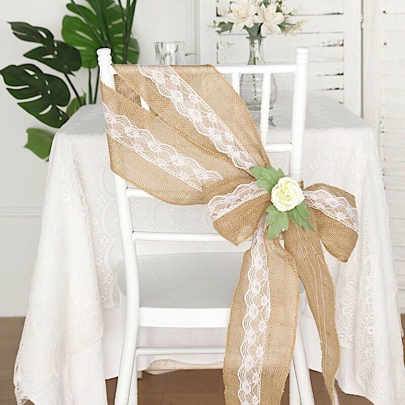 5x108-Inch Natural BURLAP CHAIR SASH White Floral Lace