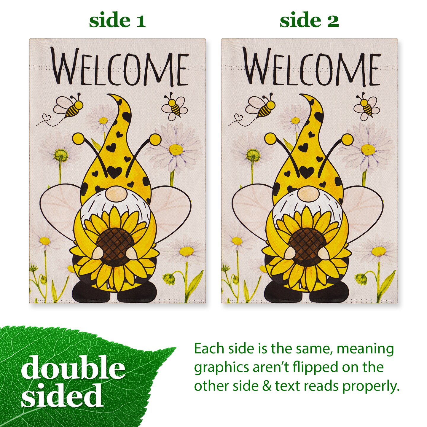 G128 Garden Flag Welcome Bee Gnome with Sunflower 12&#x22;x18&#x22; Blockout Fabric