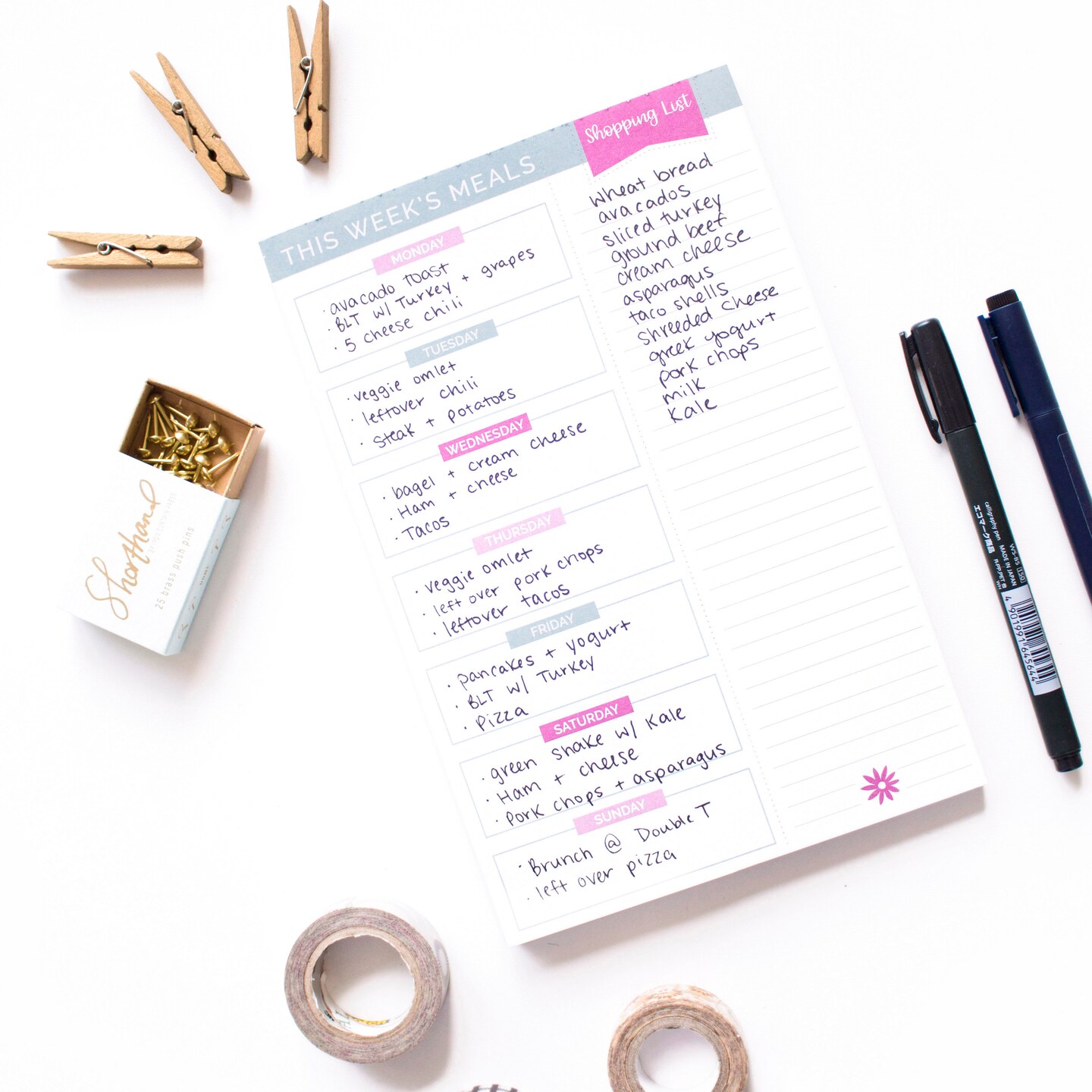 product name is Planning Pad, 6" x 9", Meal Planning Pad with Magnets, Pink and Teal